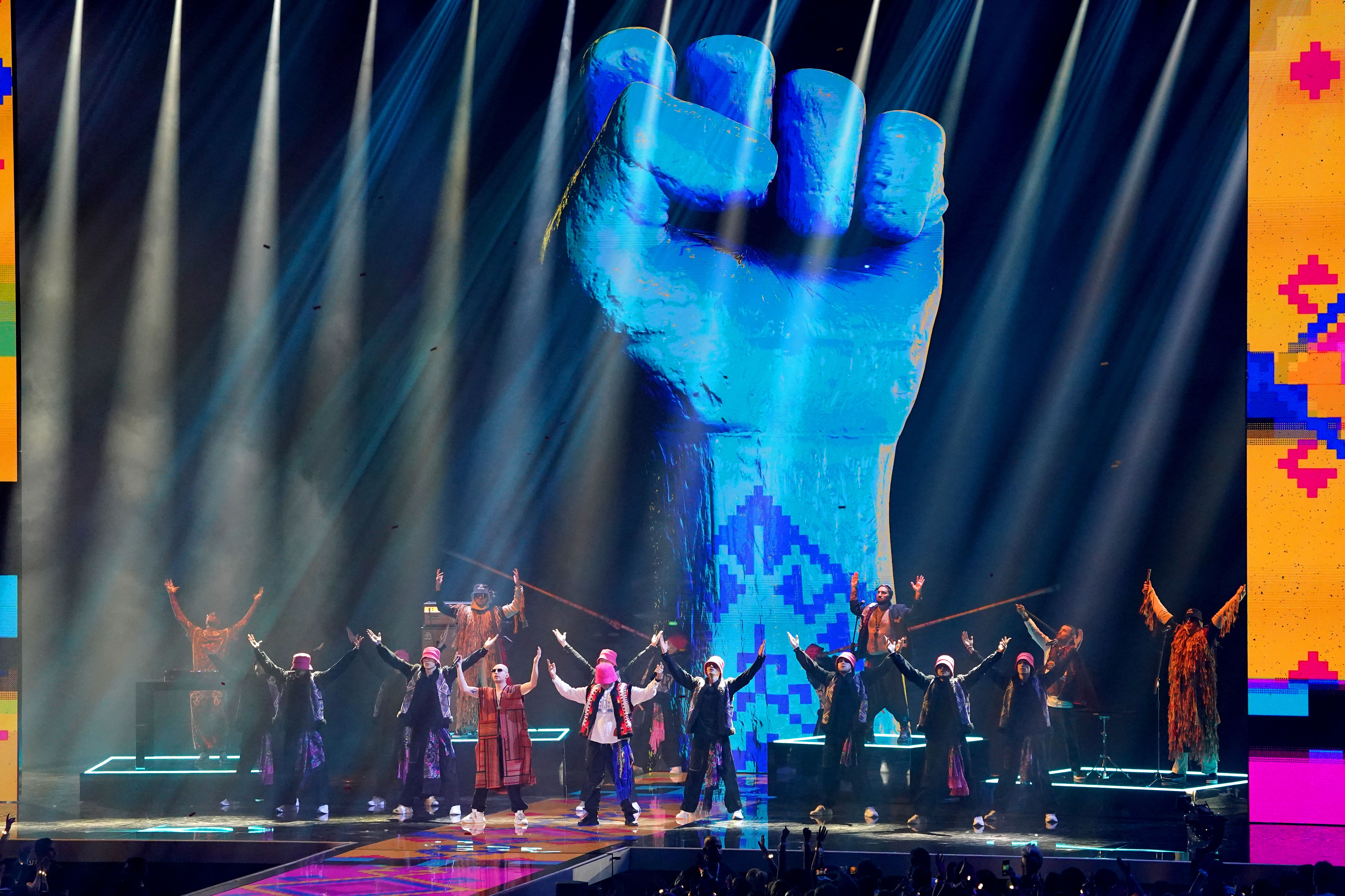 Kalush Orchestra perform on stage at the MTV Europe Music Awards 2022 (Ian West/PA)