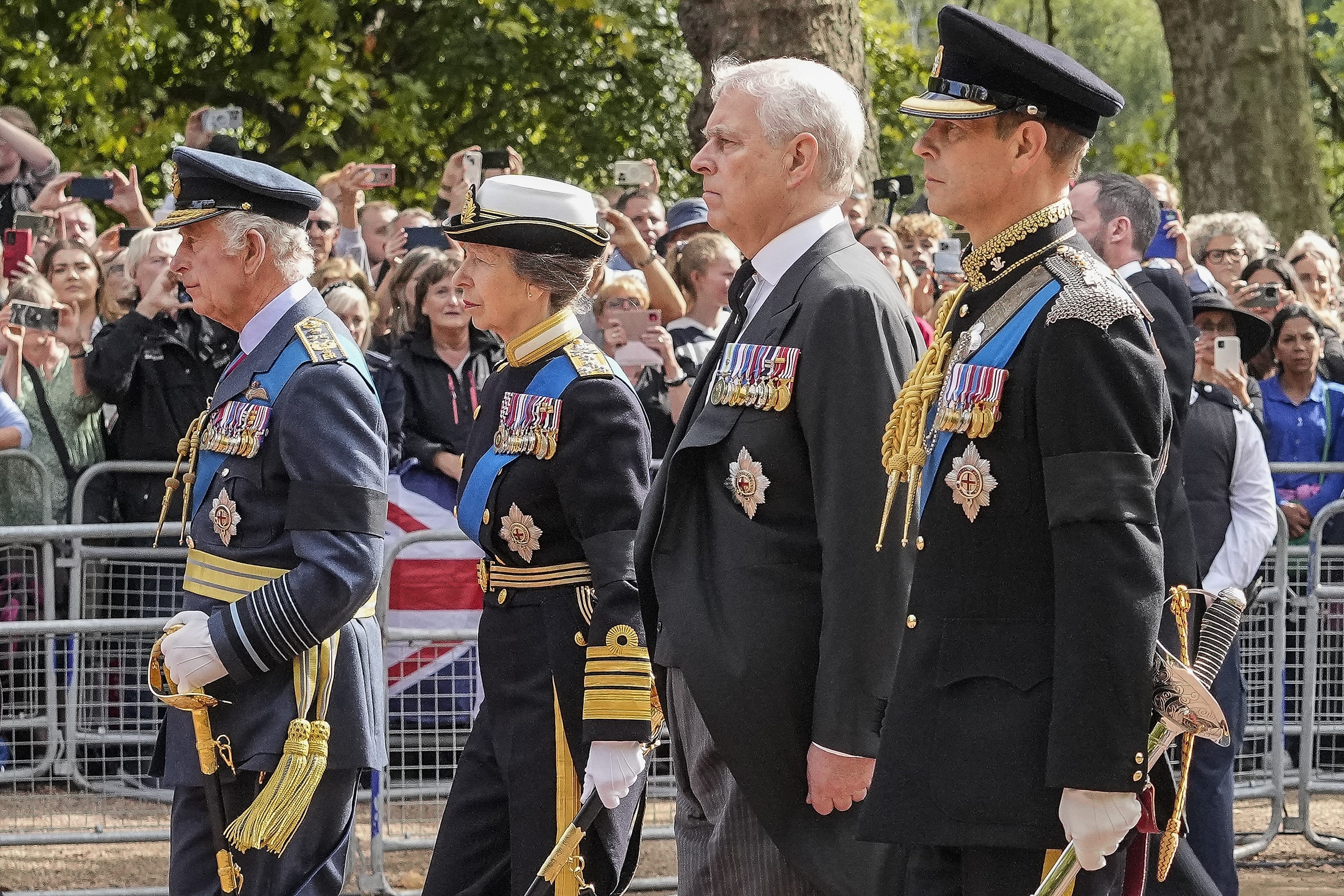 The King, the Princess Royal, the Duke of York and the Earl of Wessex follow the coffin of Queen Elizabeth II (Martin Meissner/PA)