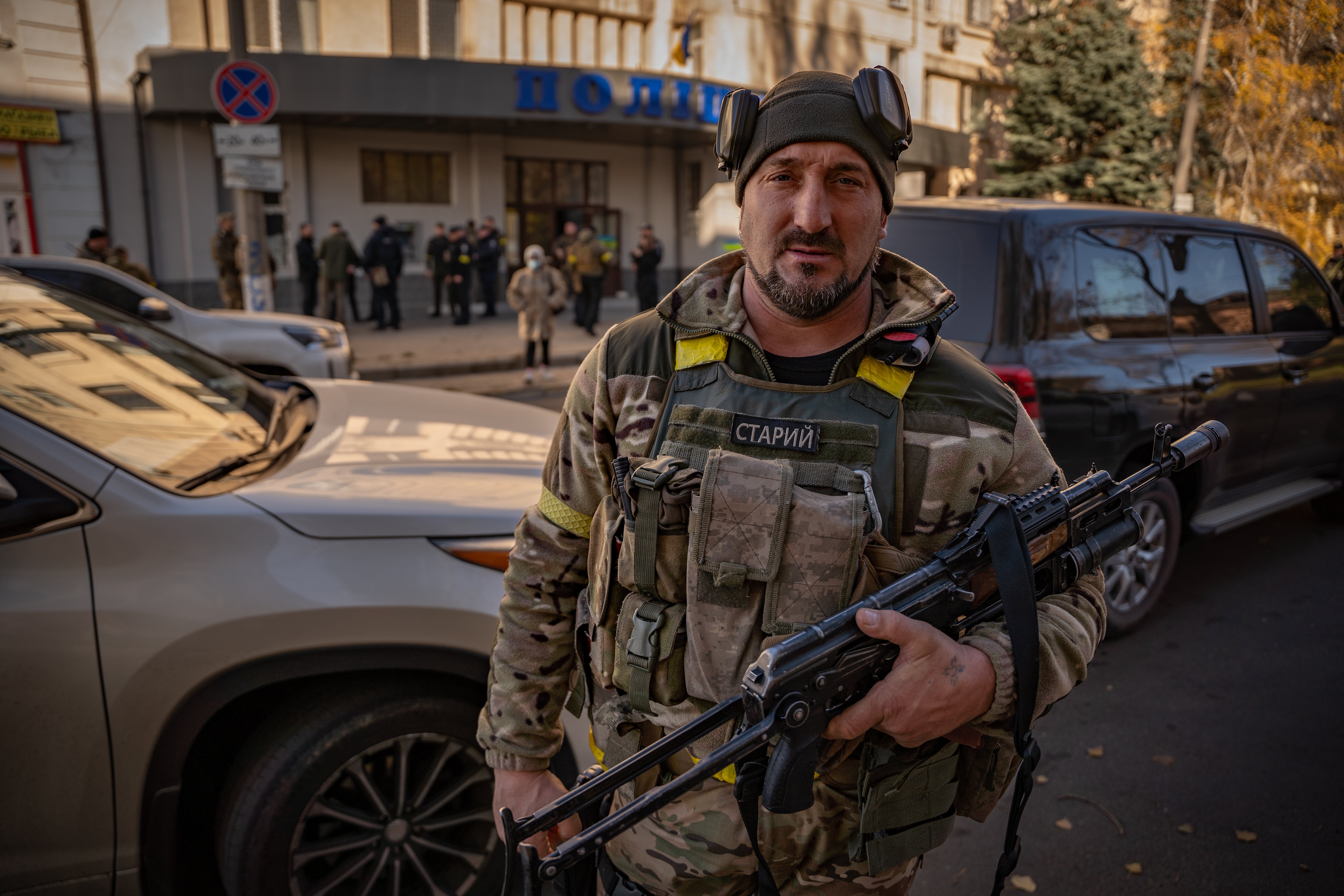 Serhiy Volodkitch outside the Kherson police headquarters on Monday