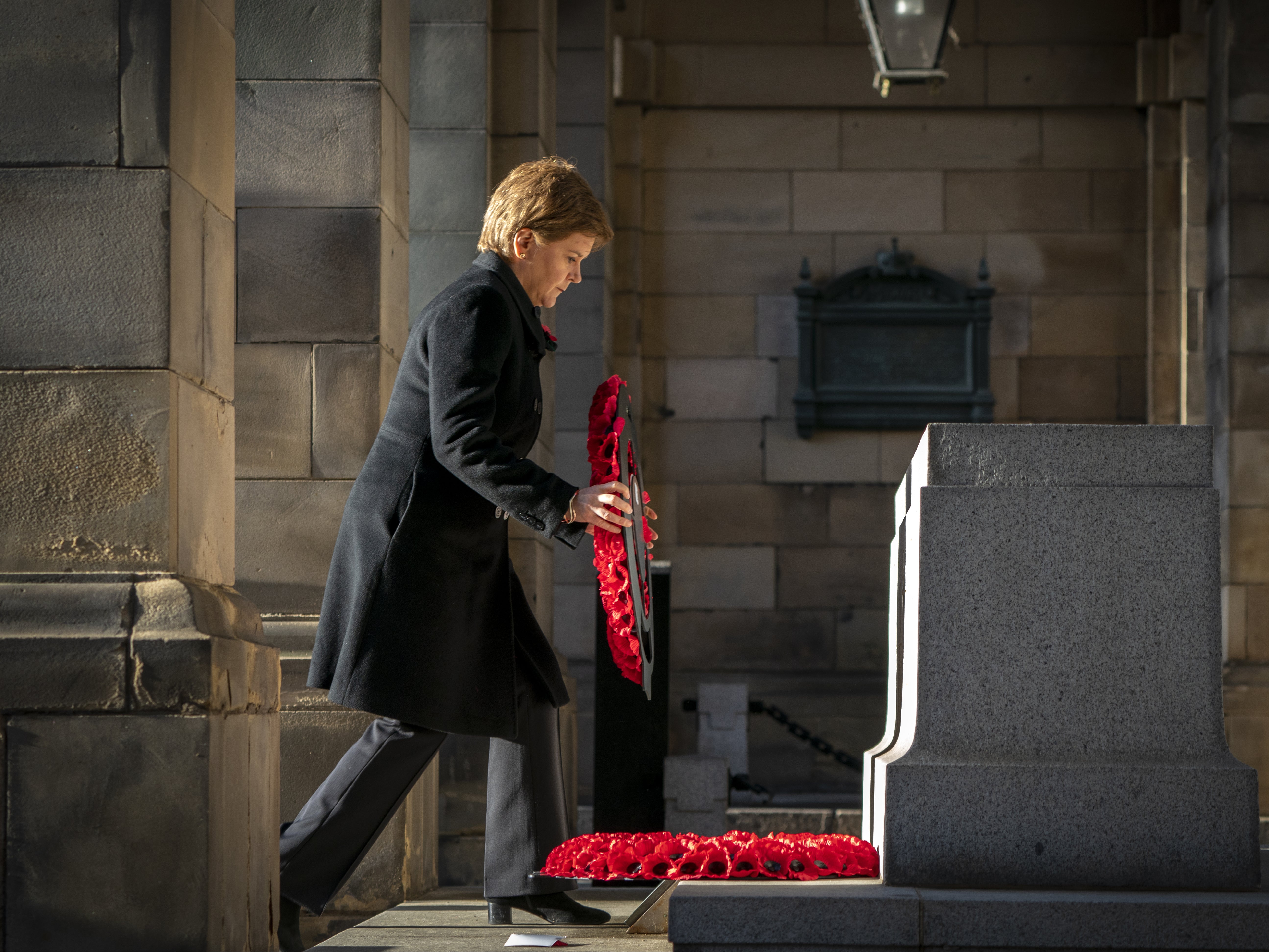 Nicola Sturgeon laid a wreath at the Stone of Remembrance during a Remembrance Sunday