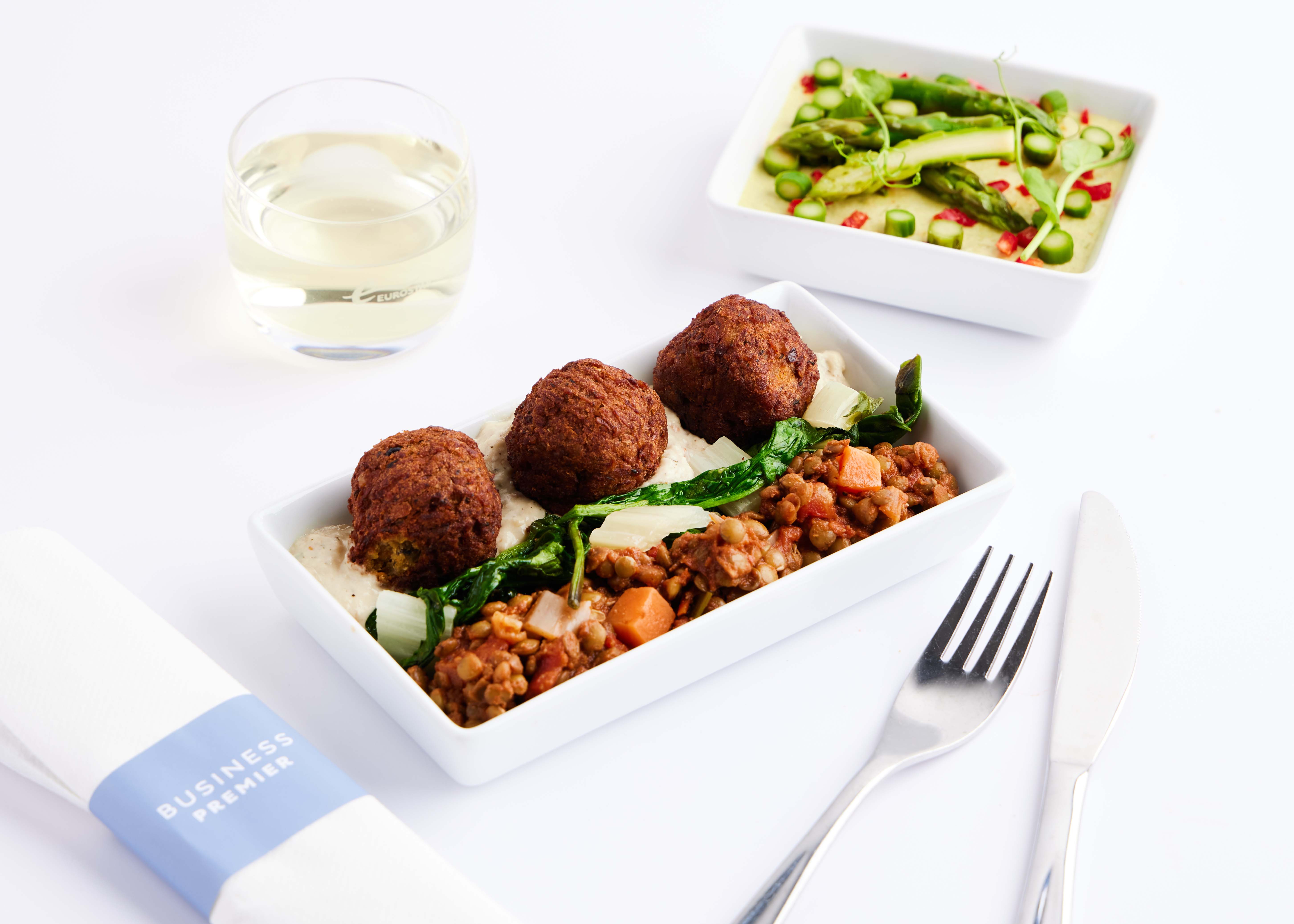 A falafel main with asparagus custard starter