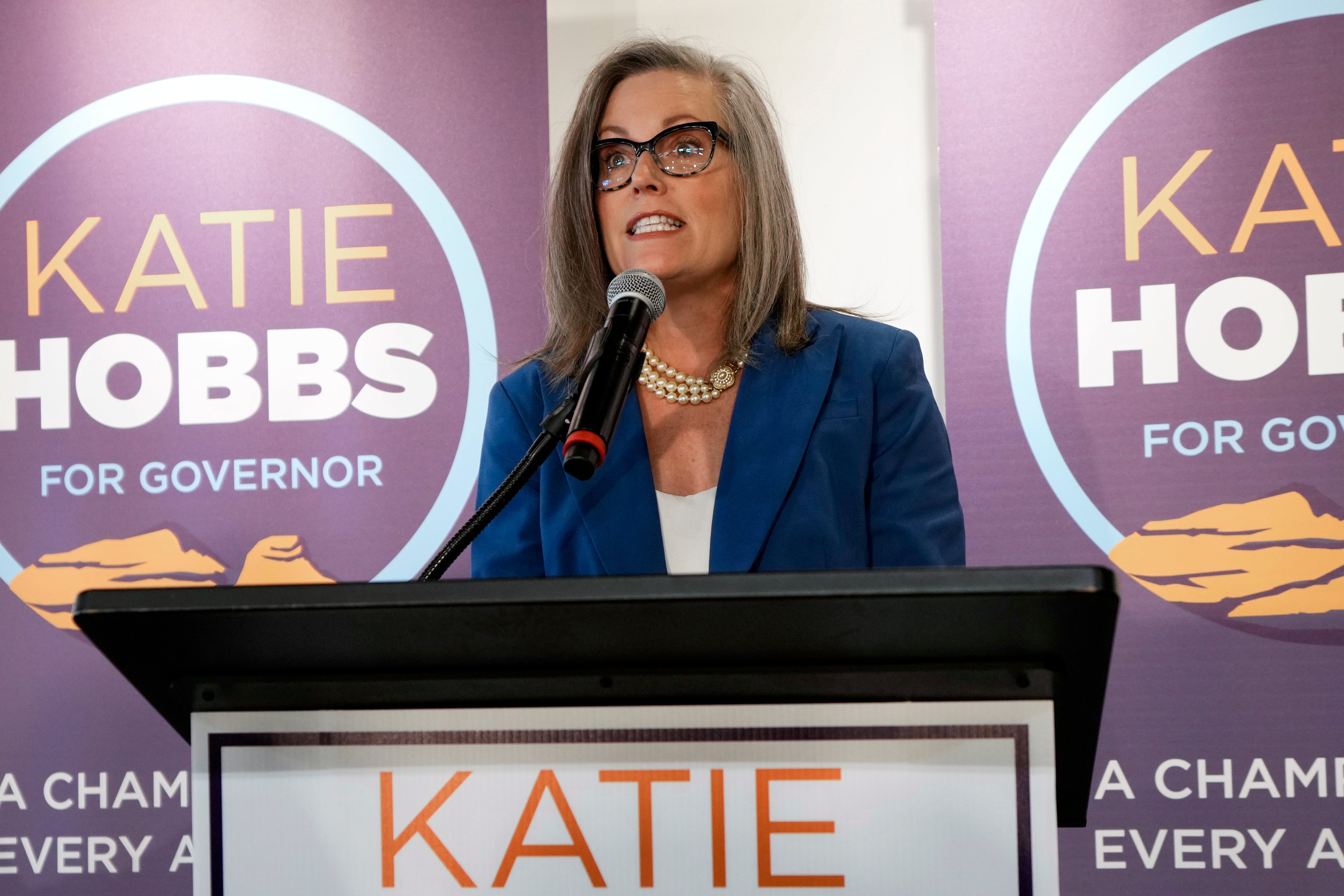 Arizona governor-elect Katie Hobbs speaks to supporters on 15 November, the morning after her projected victory against Kari Lake.