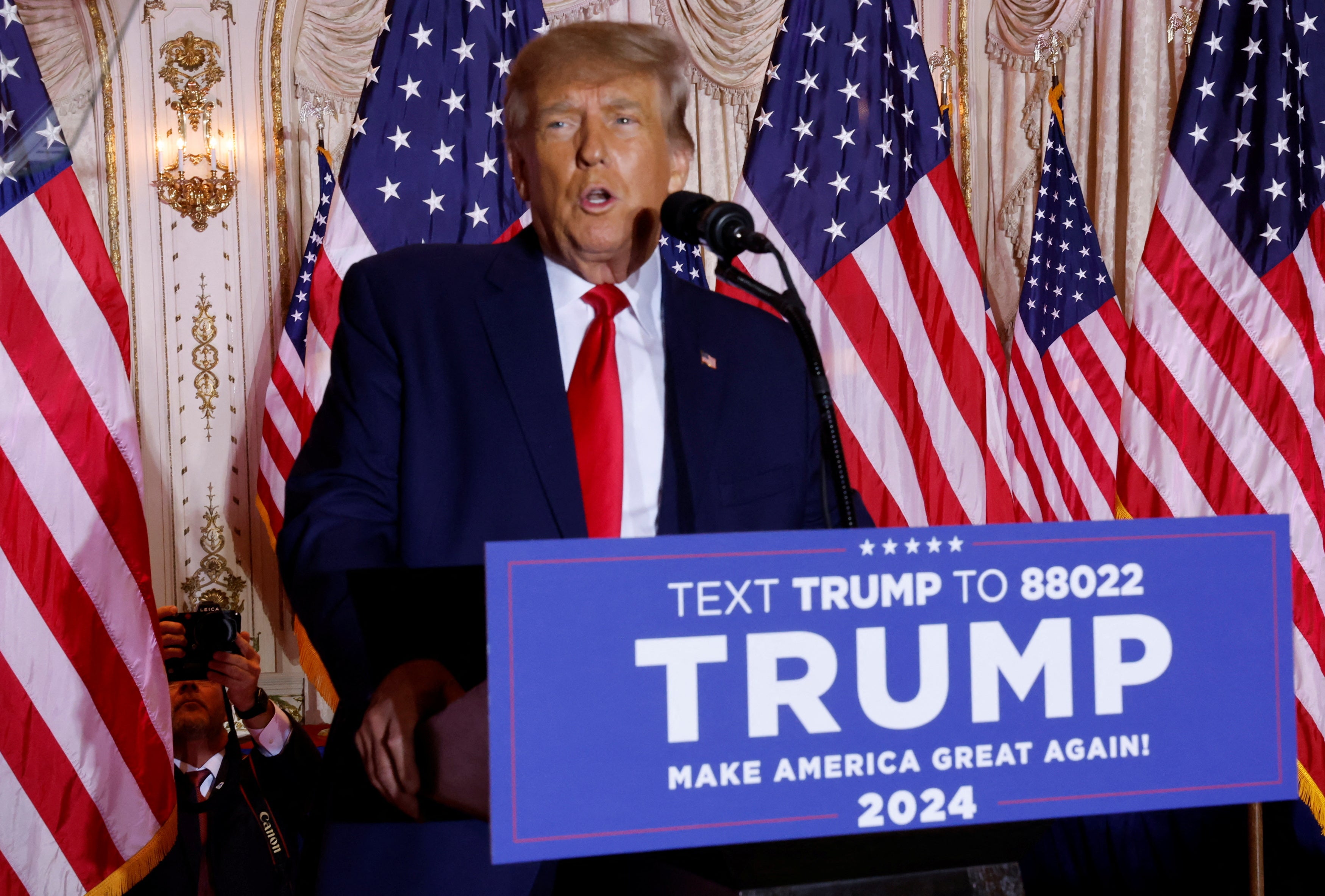 Former U.S. President Donald Trump announces that he will once again run for U.S. president in the 2024 U.S. presidential election during an event at his Mar-a-Lago estate in Palm Beach, Florida, U.S. November 15, 2022