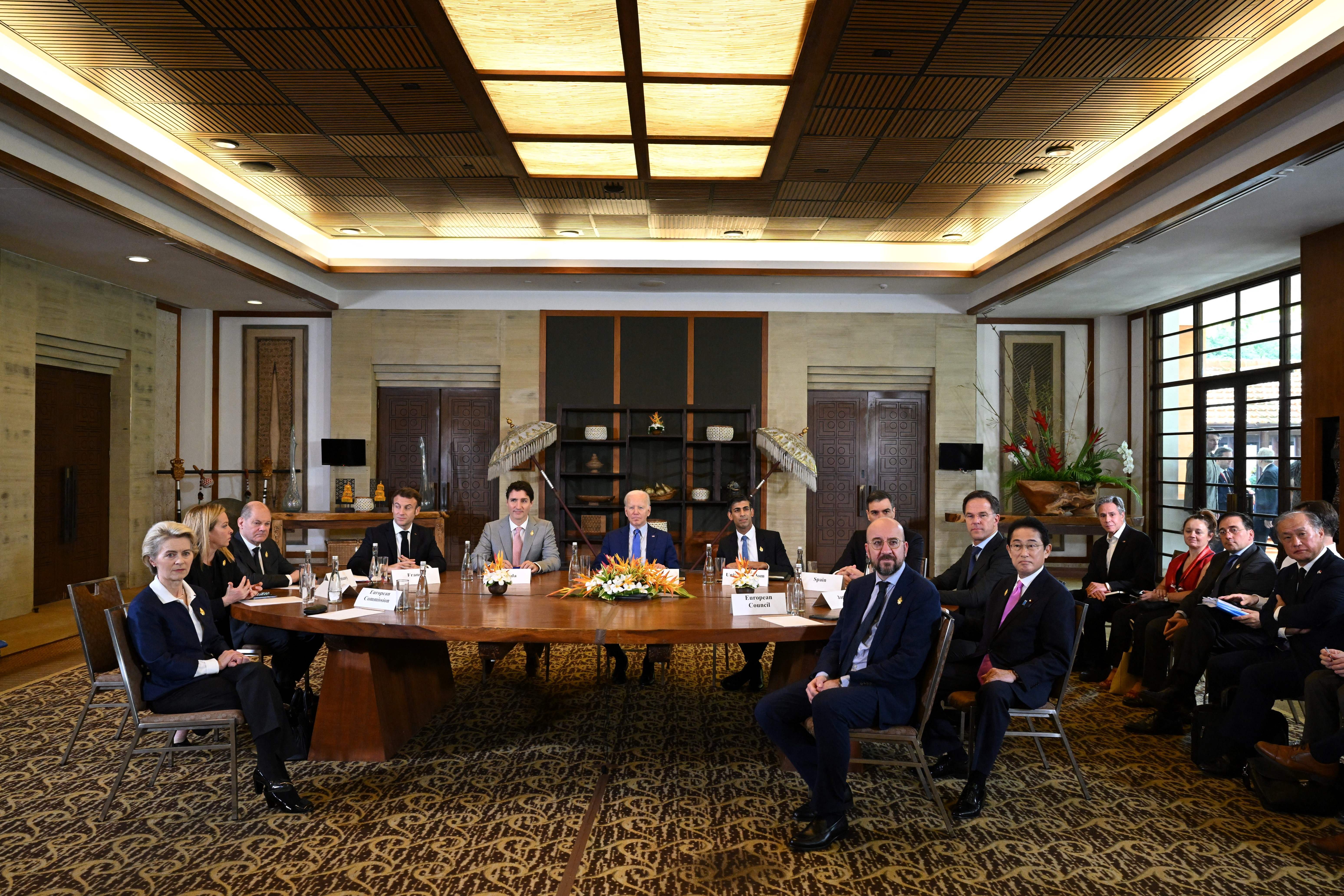 US president Joe Biden, Britain prime minister Rishi Sunak, Canada's prime minister Justin Trudeau, German chancellor Olaf Scholz, French president Emmanuel Macron, Italian prime minister Giorgia Meloni, Japan prime minister Kishida Fumio, European Commission president Ursula von der Leyen, European Council president Charles Michel, Spain's prime minister Pedro Sanchez and Netherlands' prime minister Mark Rutte gather to hold an ‘emergency’ meeting to discuss a missile strike on Polish territory near the border with Ukraine, on the side line of the G20 leaders' summit in Nusa Dua