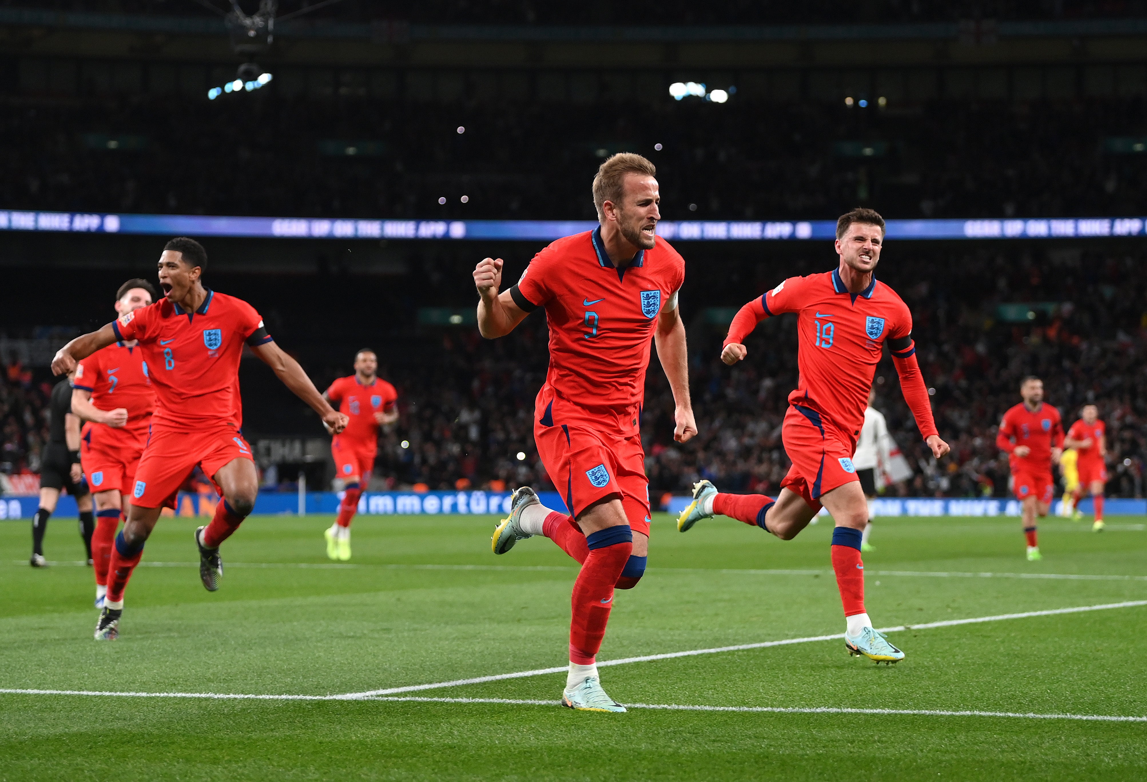 Harry Kane celebrates after scoring a penalty against Germany