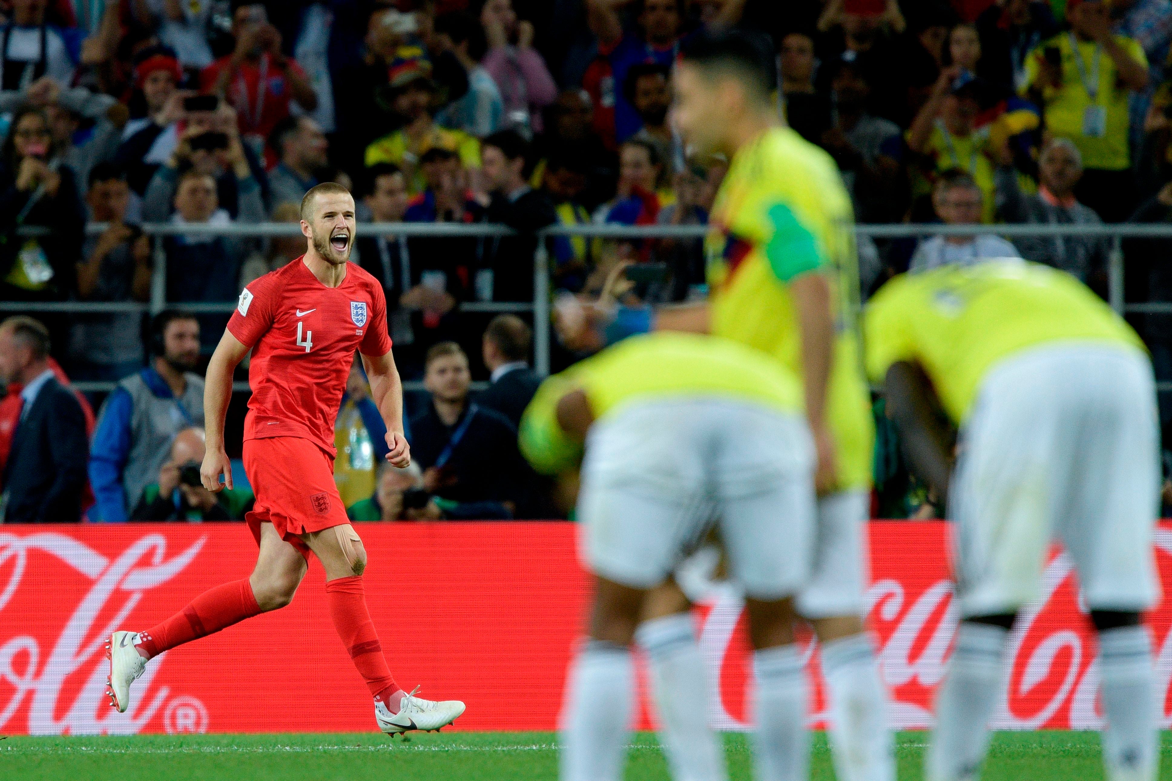 Eric Dier celebrates England beating Colombia in 2018