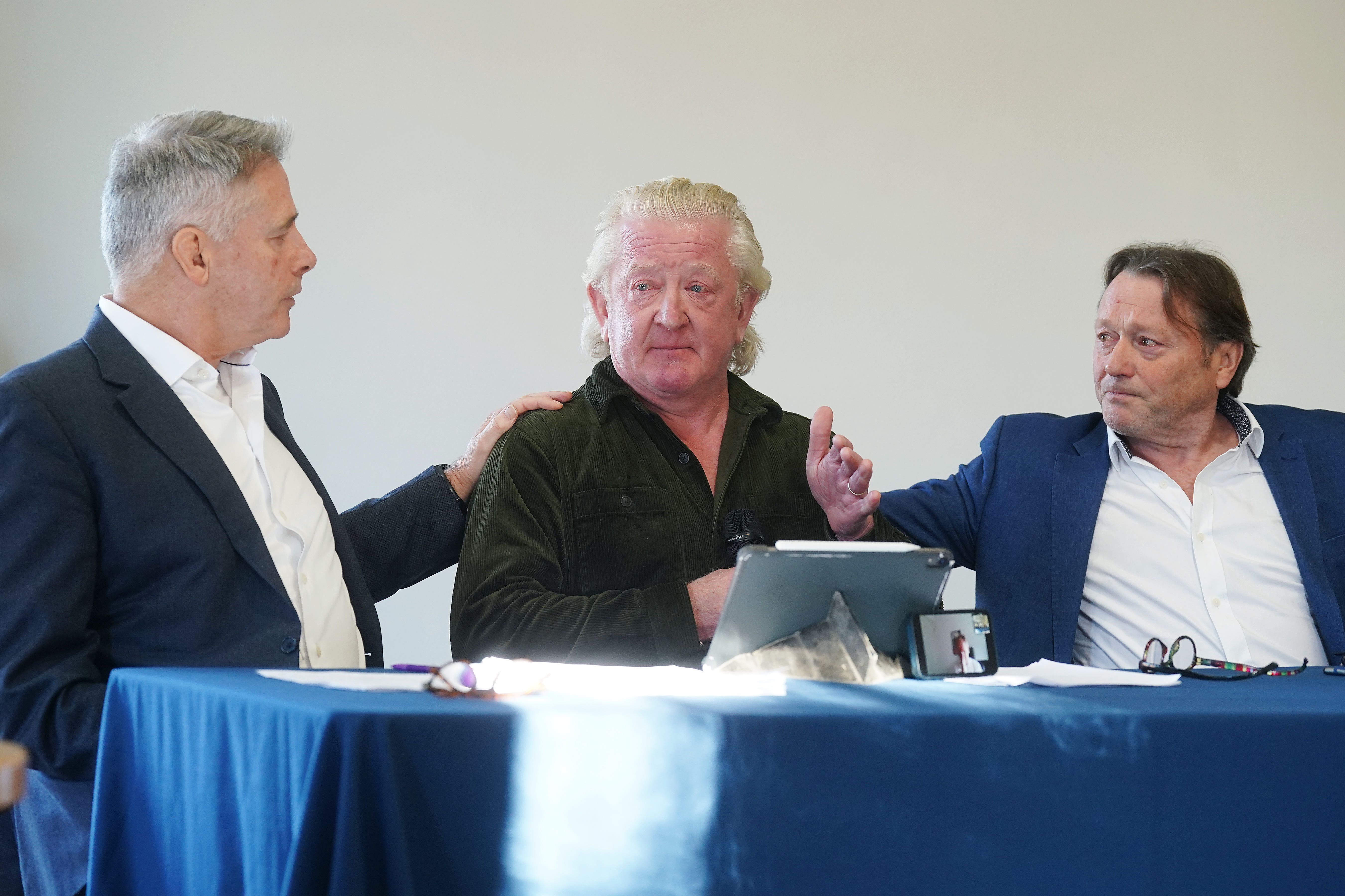 Blackrock College past pupils (from left) John Coulter, Corry McMahon and Louis Hoffman at the RDS, Dublin (PA)