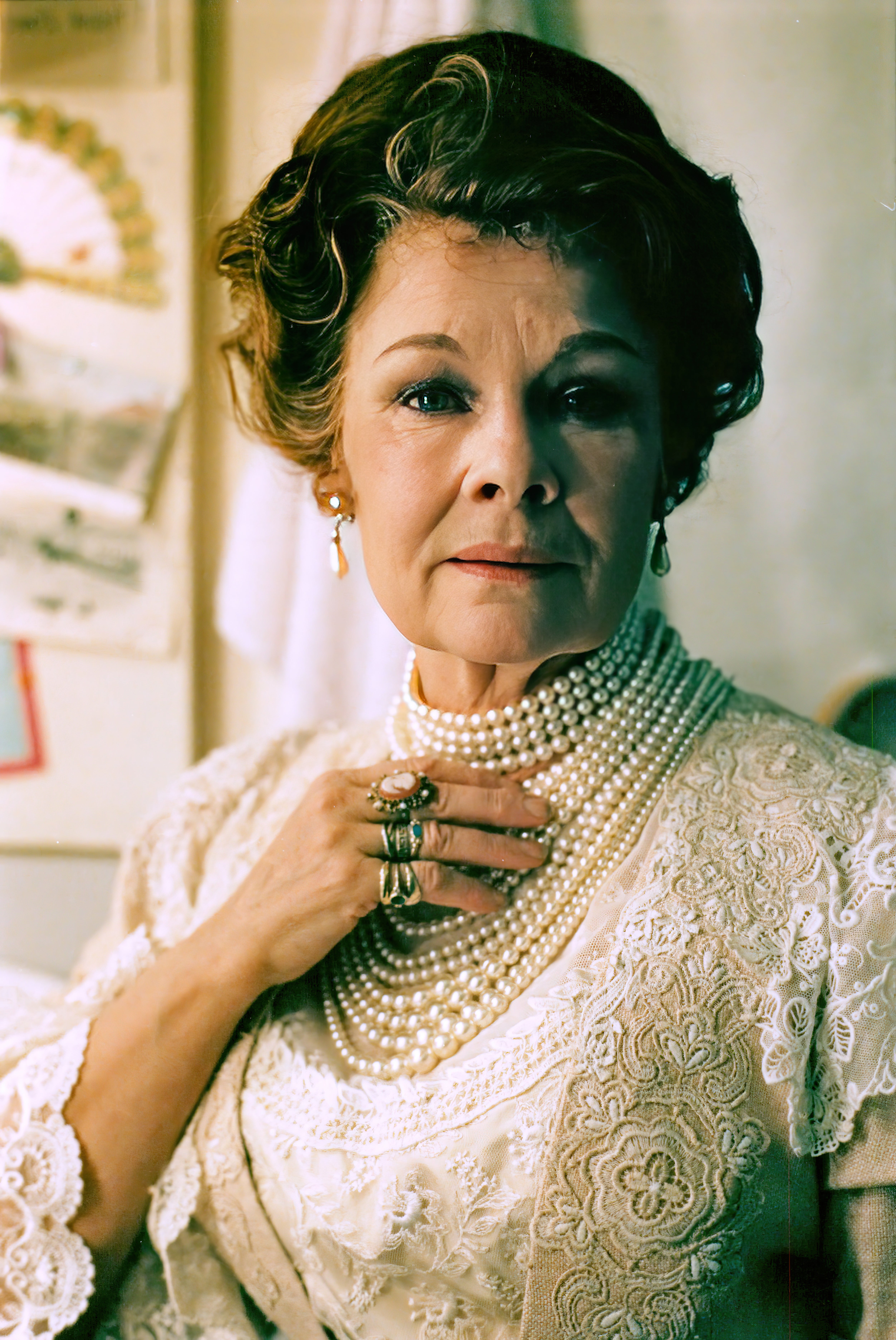 Dame Judi Dench in costume in her dressing room at the National Theatre, 1994. Dench was starring in the role of Arkadina in a production of Chekhov’s ‘The Seagull’.