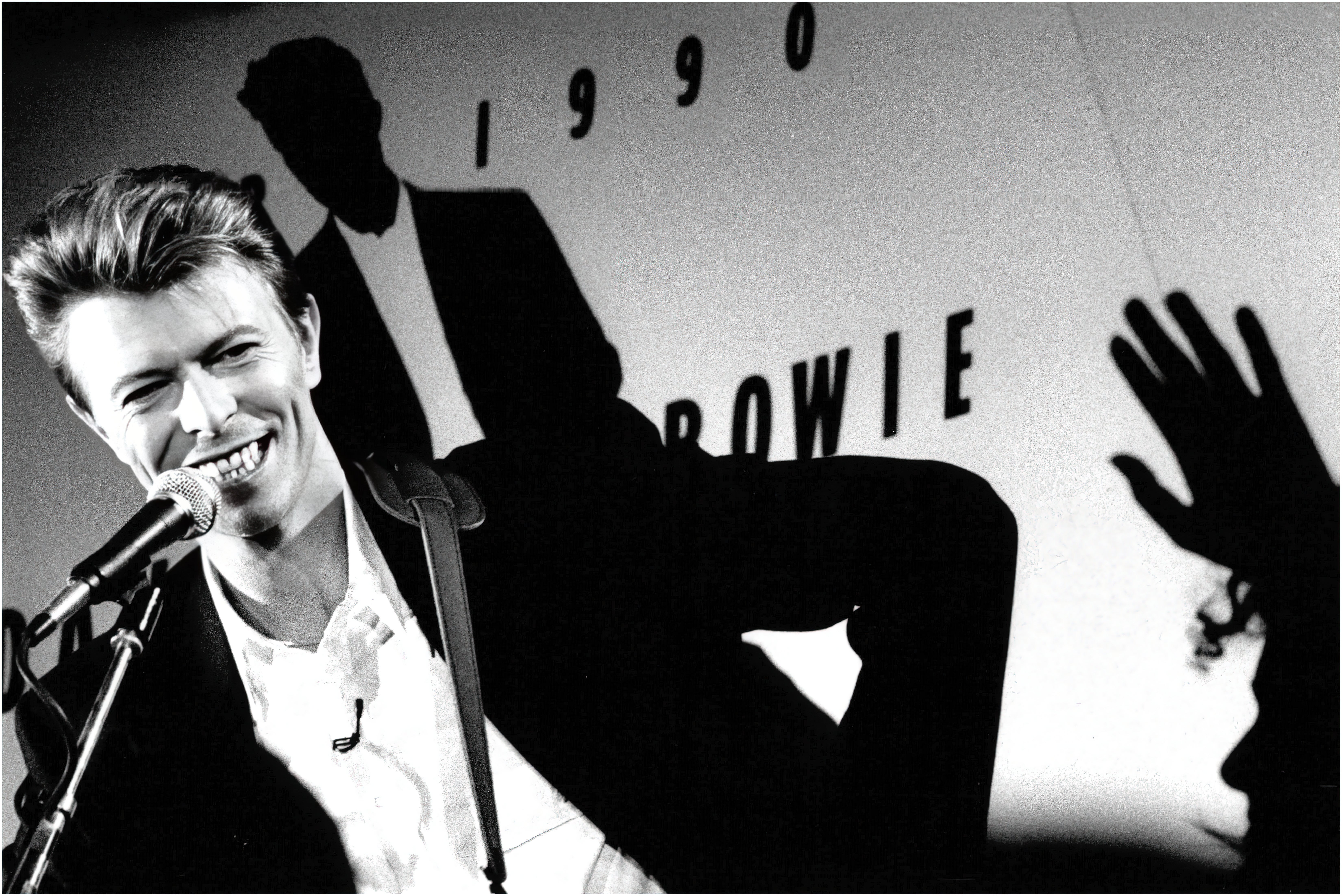 David Bowie at a press conference for Sound + Vision at the Rainbow Theatre, 1990.