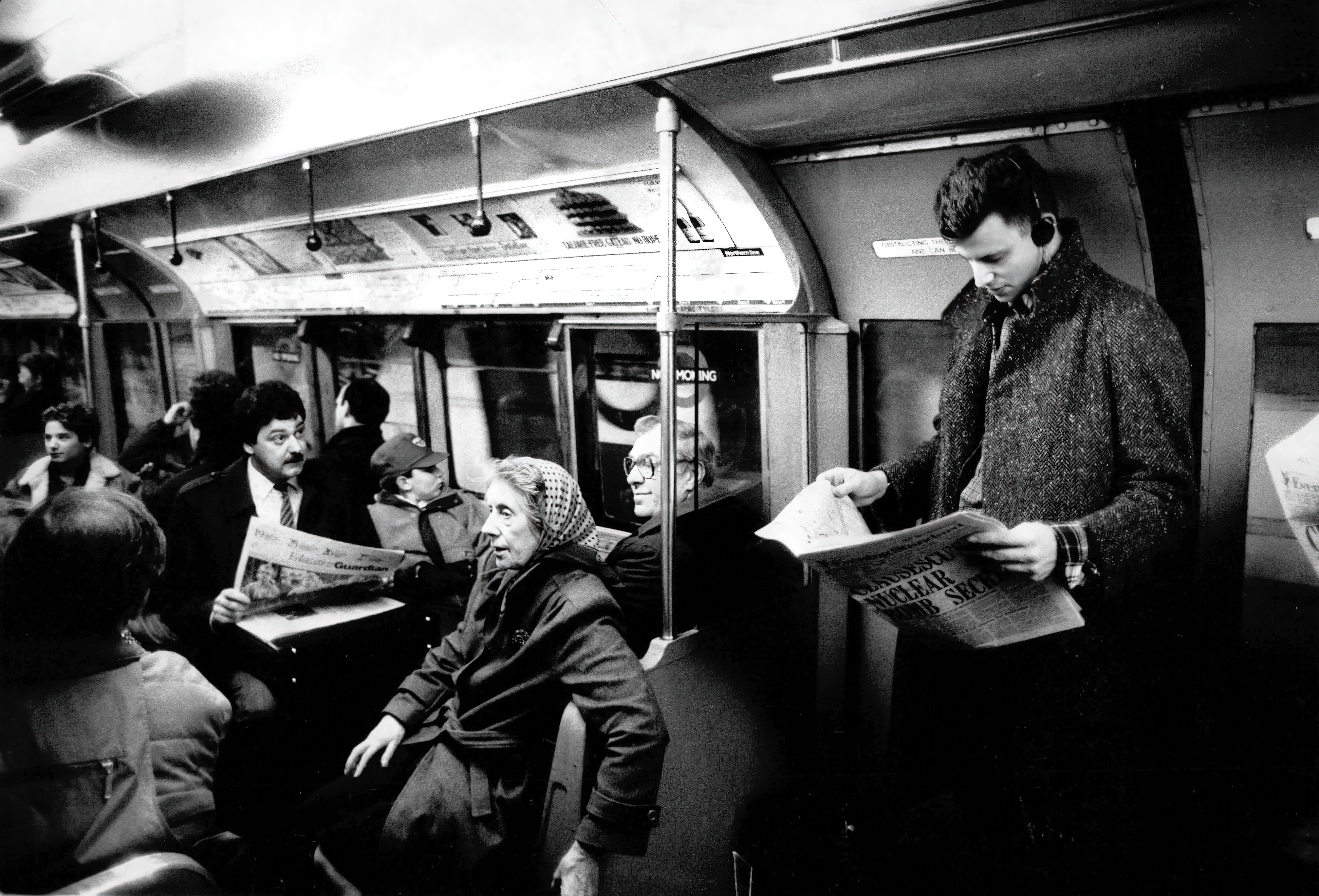 Man listening to a Walkman on the London Underground, 1993. The Walkman was at the height of its popularity between 1987 and 1997.