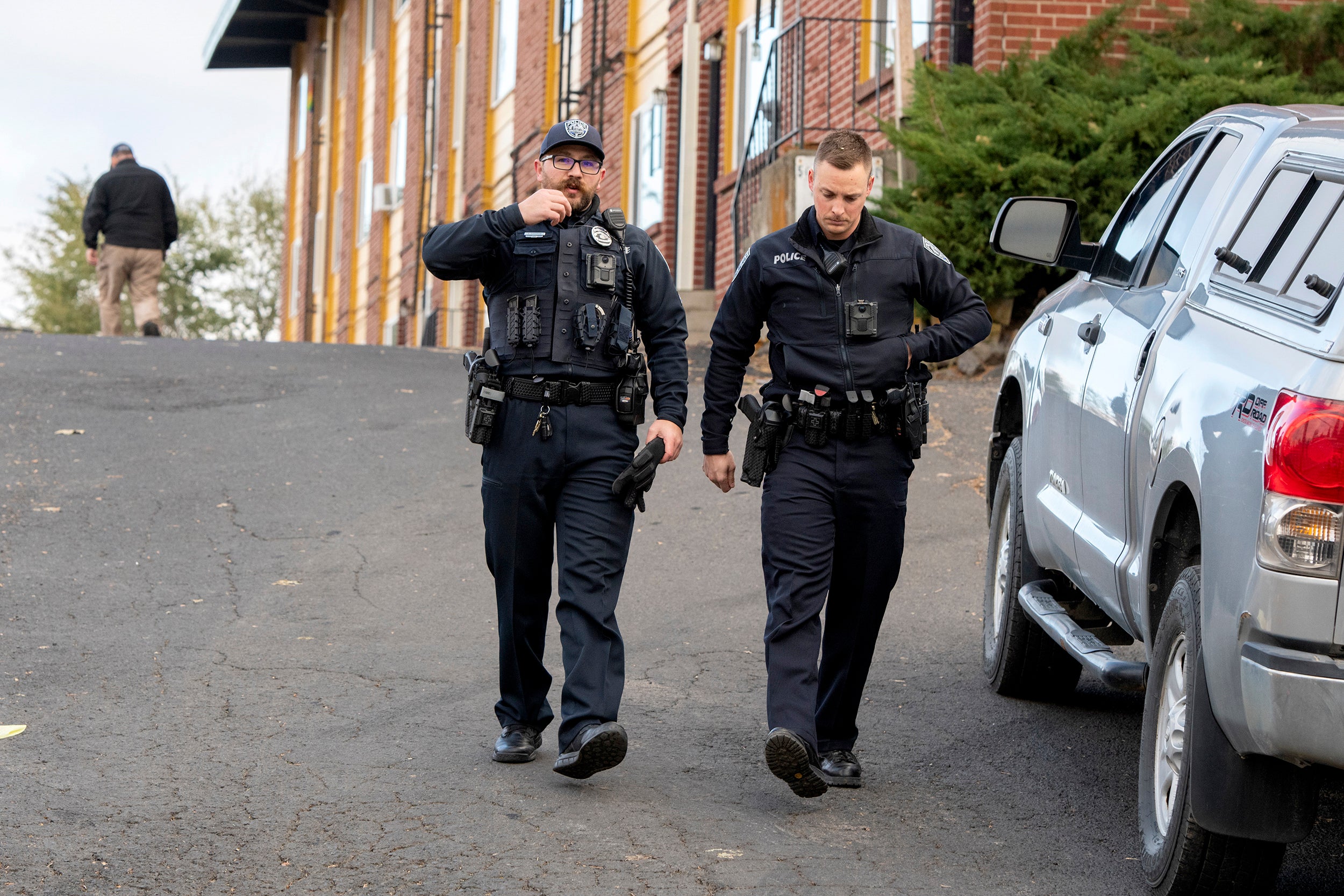 Officers patrol Moscow where four students were murdered on Sunday