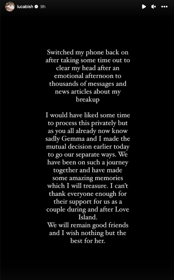 Luca Bish’s break up statement