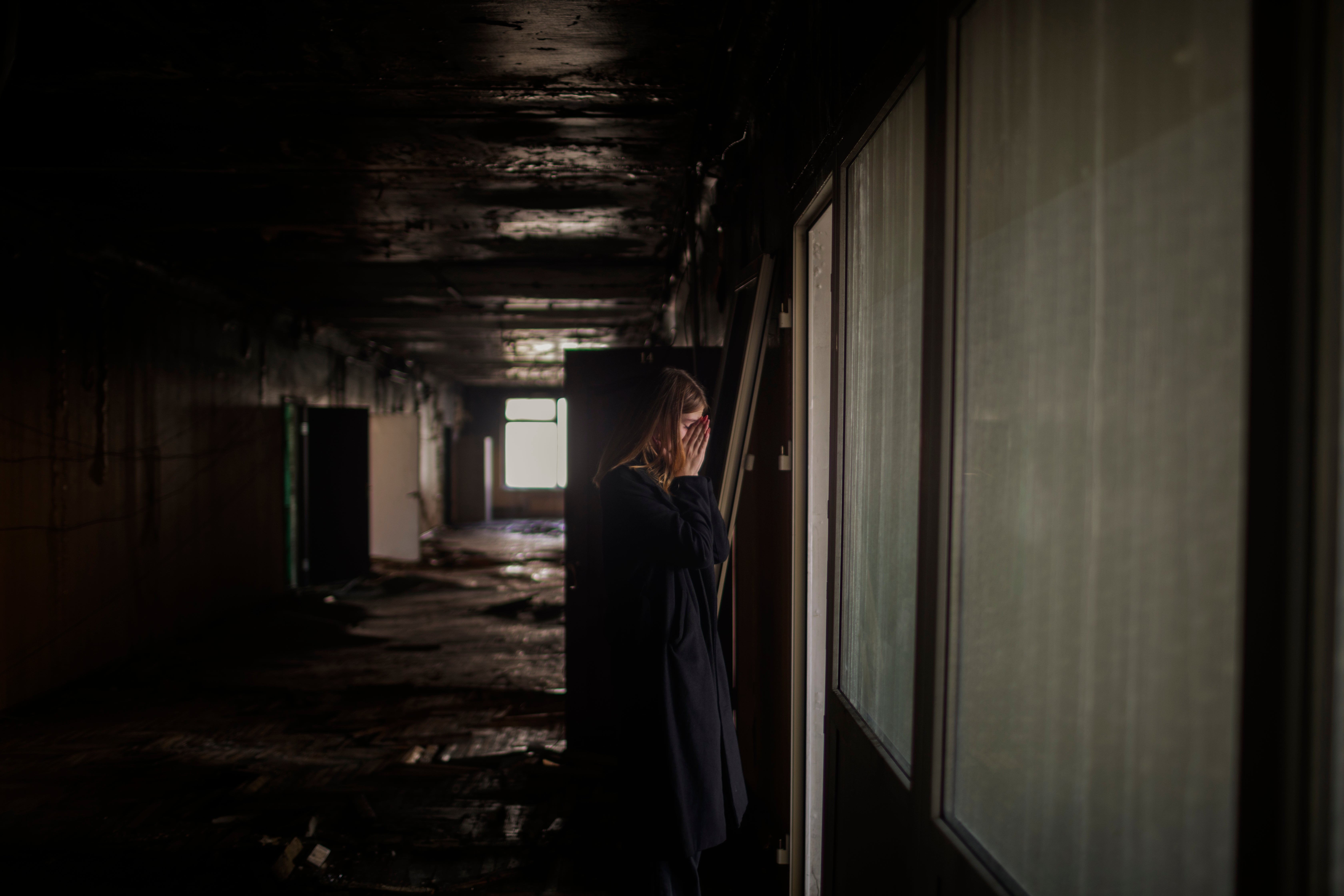 Olexandra Lomachuk, 17, visits her school in Irpin