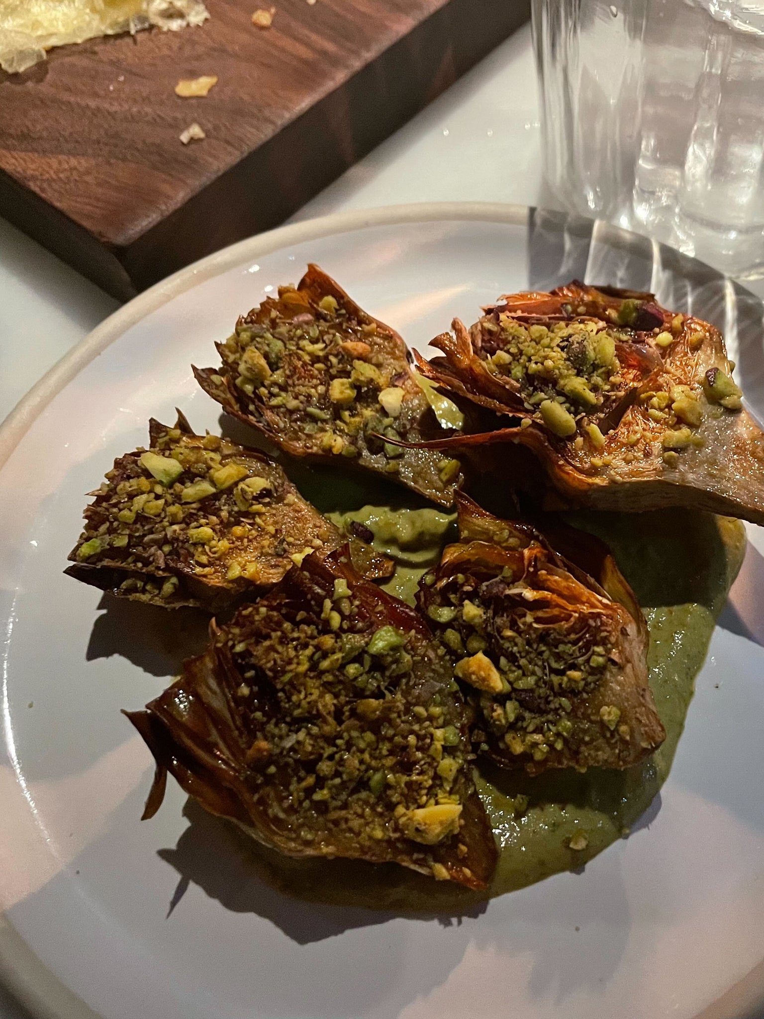 Baby artichokes fried with mint and pistachio to start