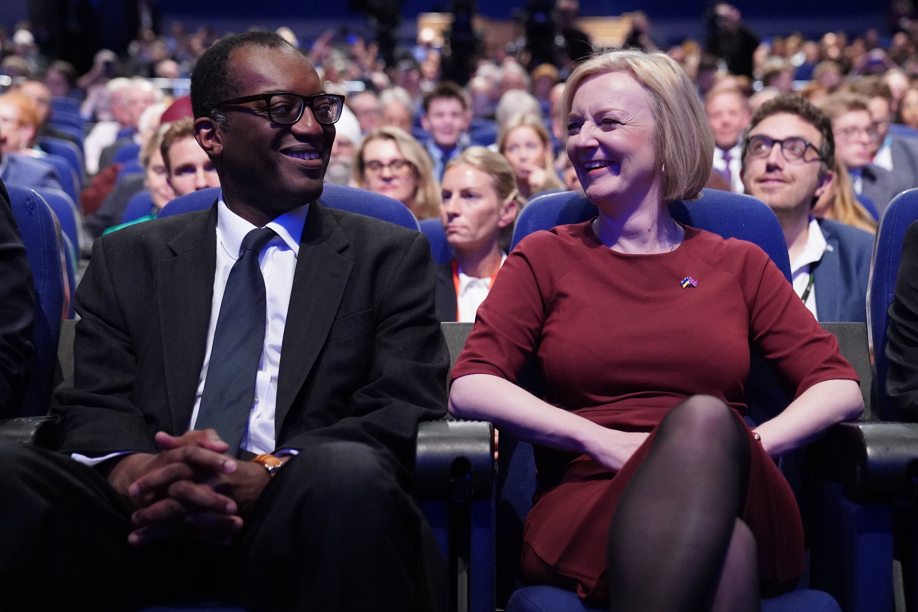 Gallows humour: Truss with Kwasi Kwarteng at the Conservative Party conference, on 2 October 2022