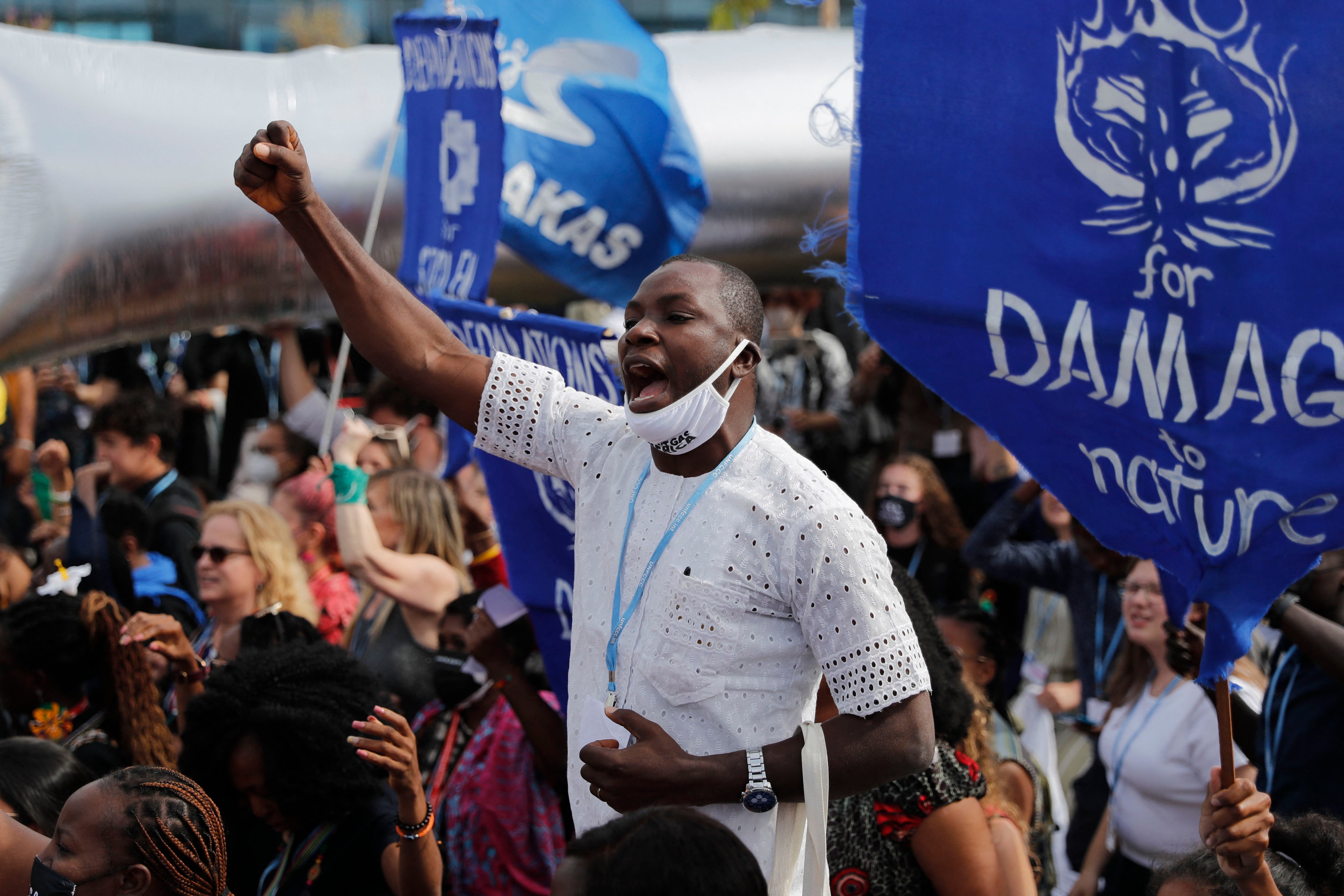 Climate activists protest outside the Sharm el-Sheikh International Convention Centre, during Cop27