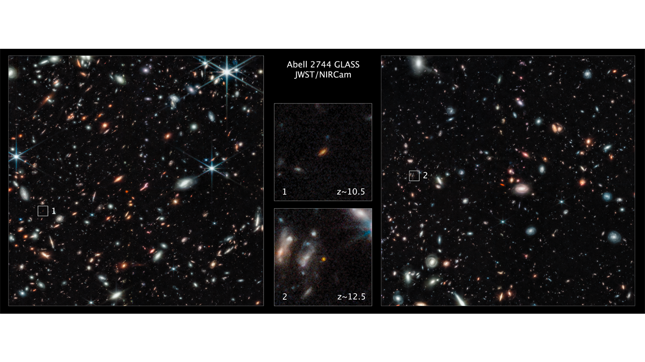 Two of the farthest galaxies seen to date are captured in these Webb Space Telescope pictures of the outer regions of the giant galaxy cluster Abell 2744. The galaxies are not inside the cluster, but many billions of light-years farther behind it