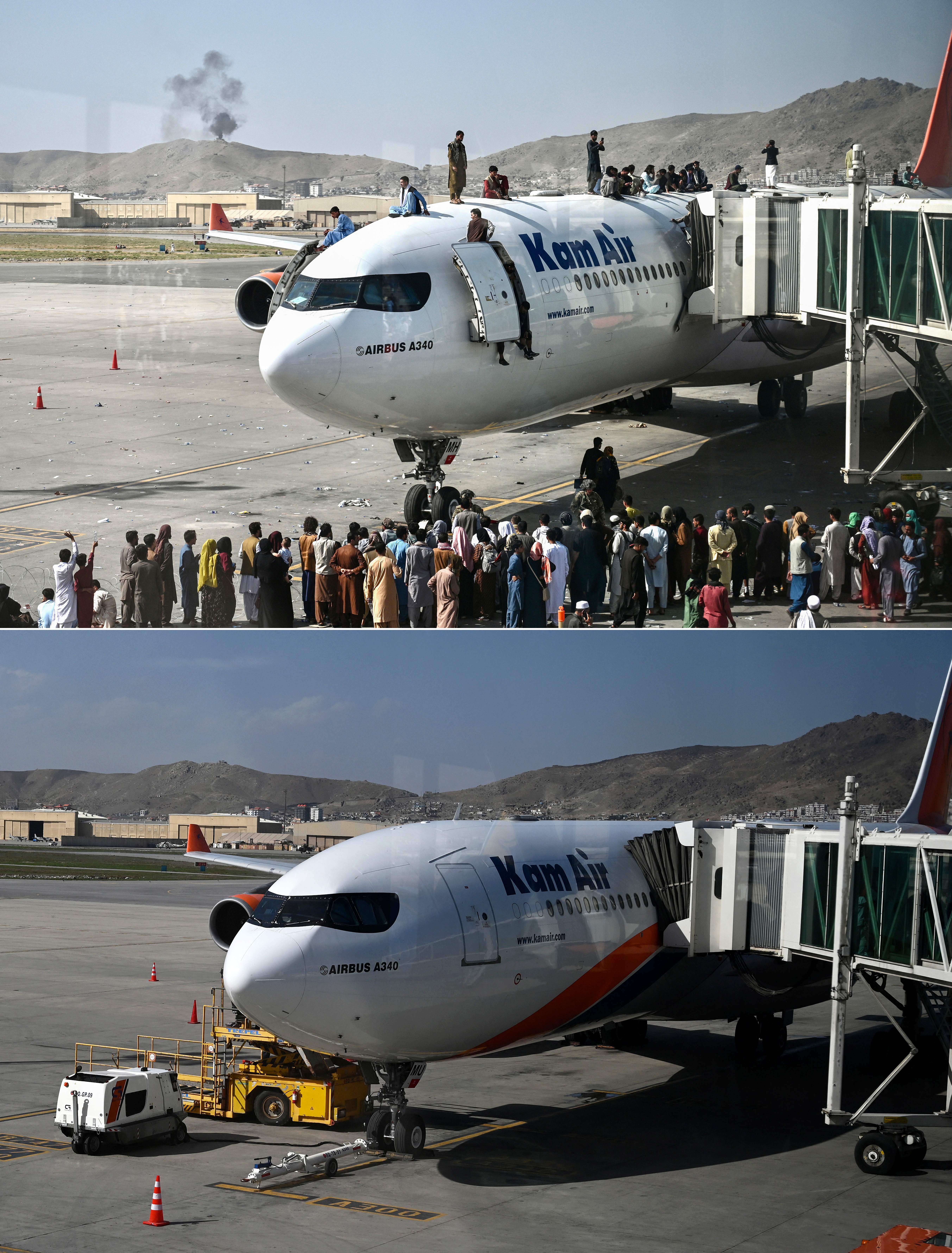 Afghan people climbing atop of a plane as they wait at Kabul airport on 16 August last year (top), and (bottom) the same area of the airport taken on 1 August this year.