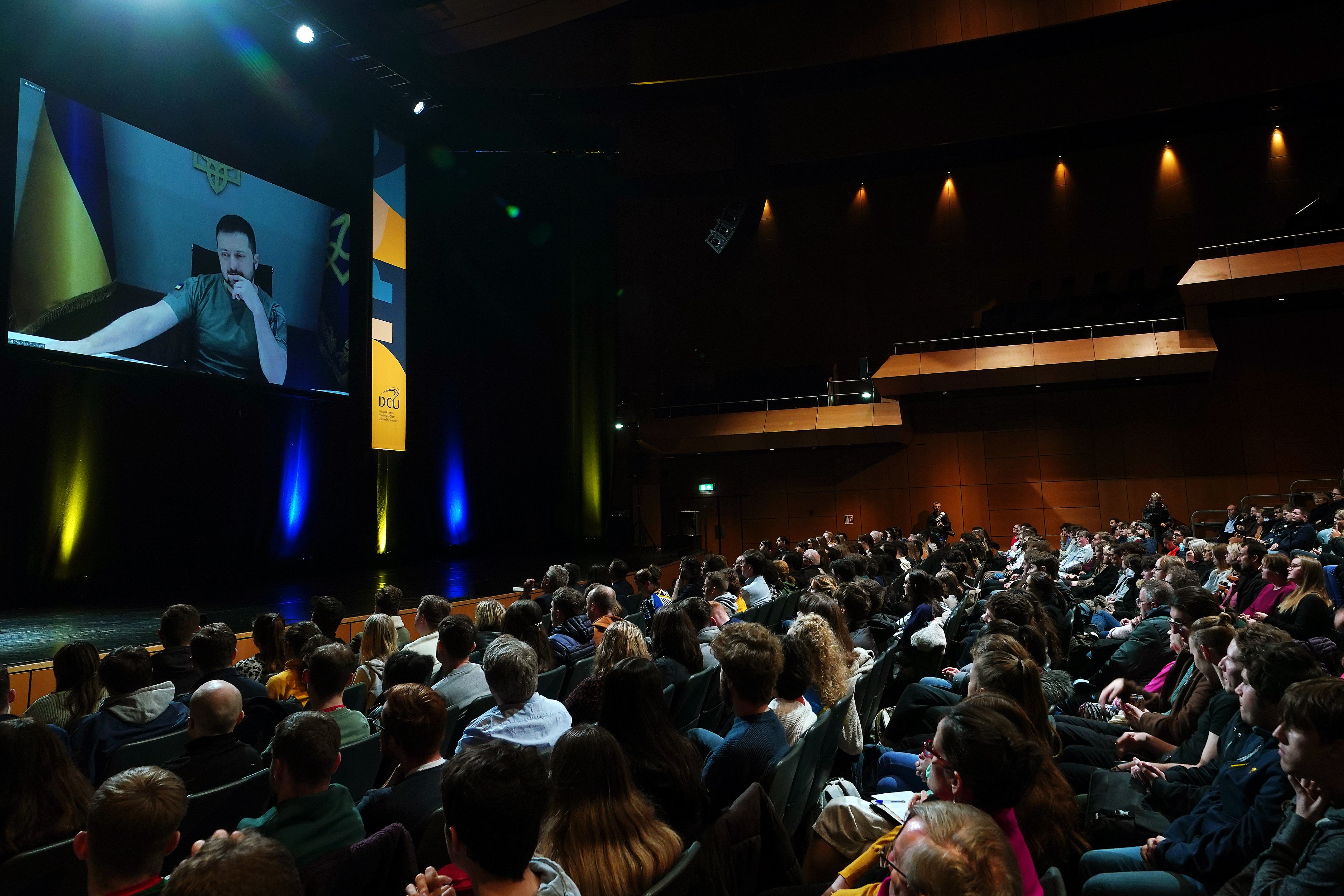 Ukraine president Volodymyr Zelensky during an address to Ireland’s third-level sector (PA)