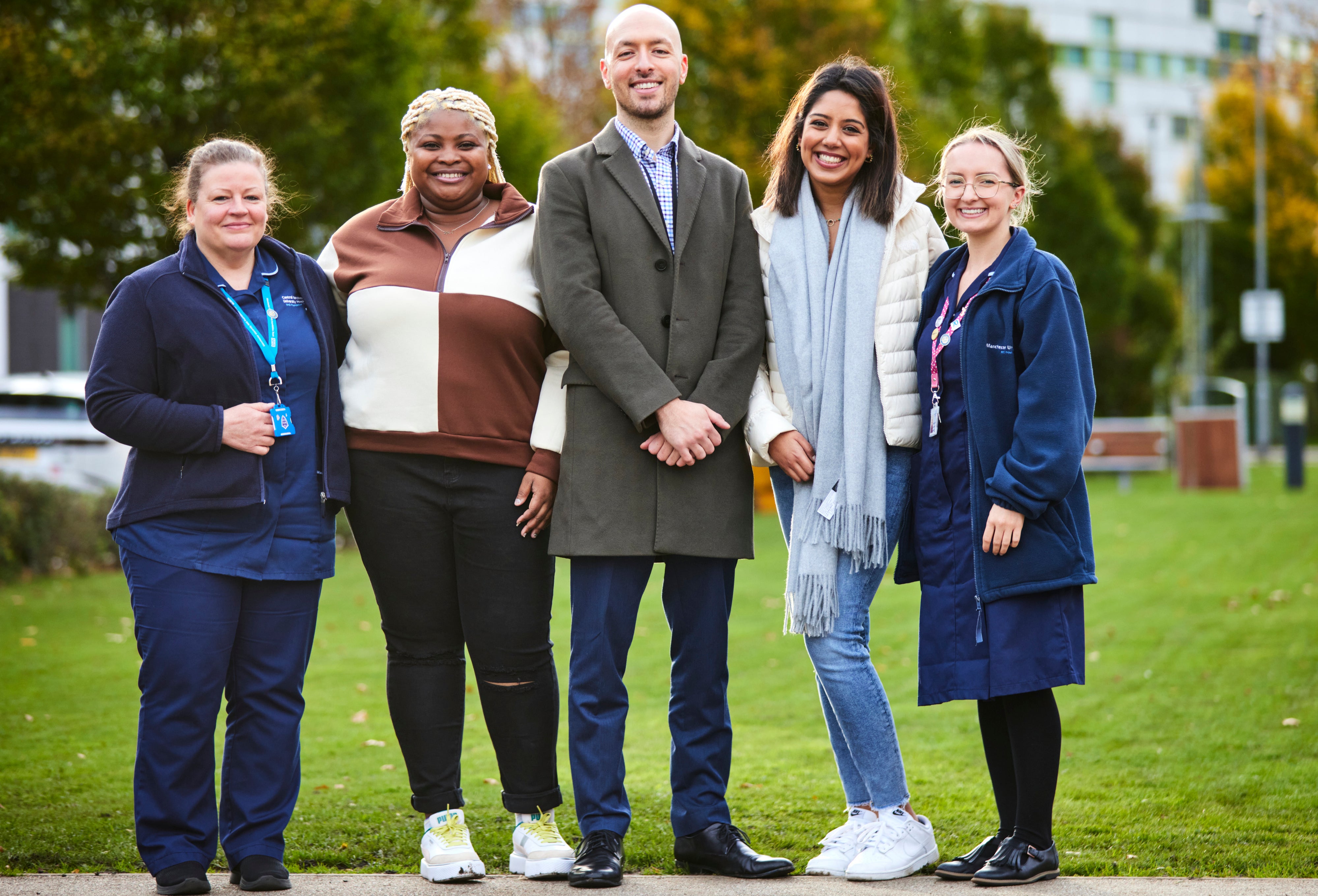 From left: NHS worker Kirsty Glendinning, patient Gloria Ademolu, consultant Joe Sharif, patient Sanah Shaikh and NHS staff member Rachael De Fazio