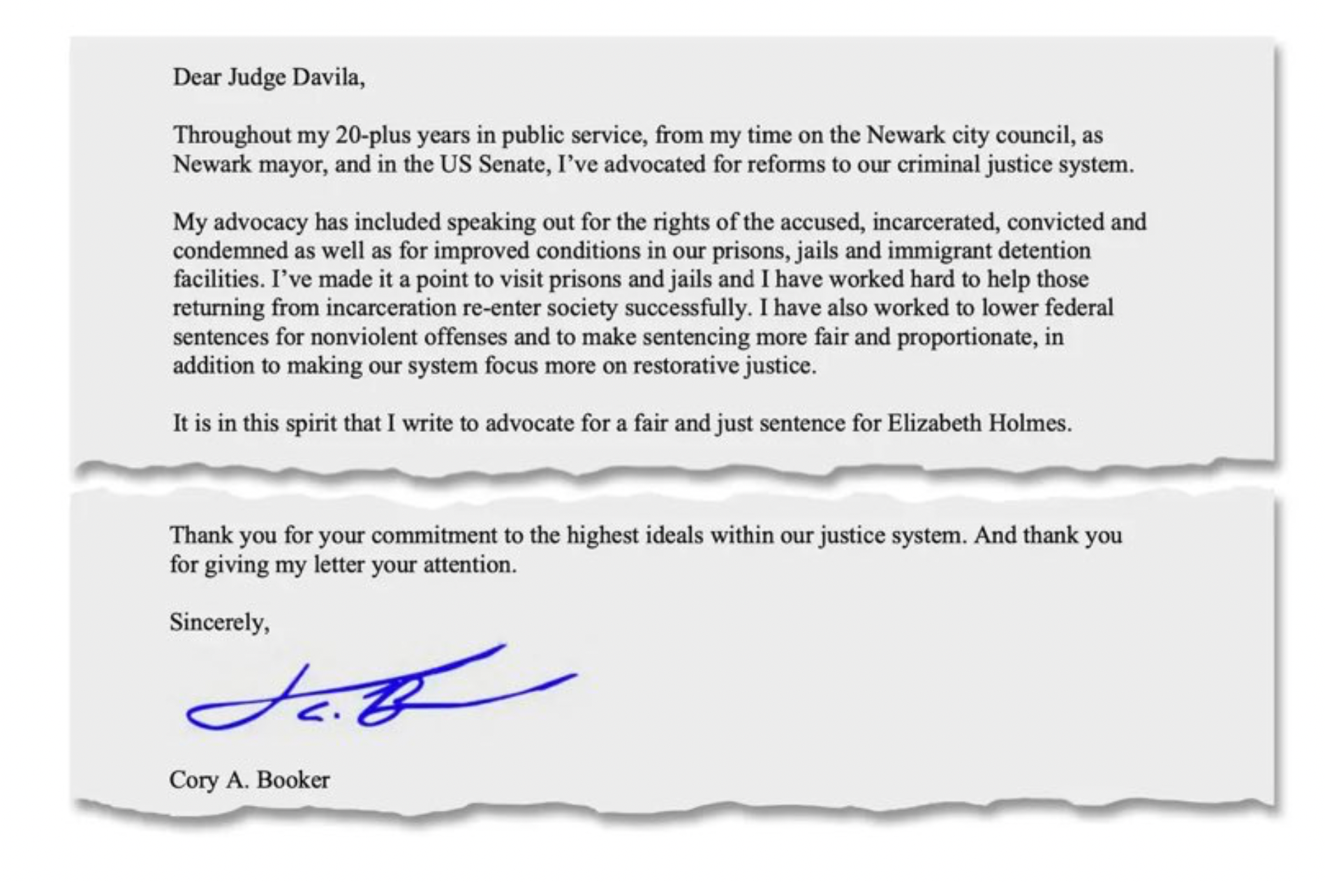 Senator Cory Booker wrote a letter calling for leniency in the sentencing of Elizabeth Holmes