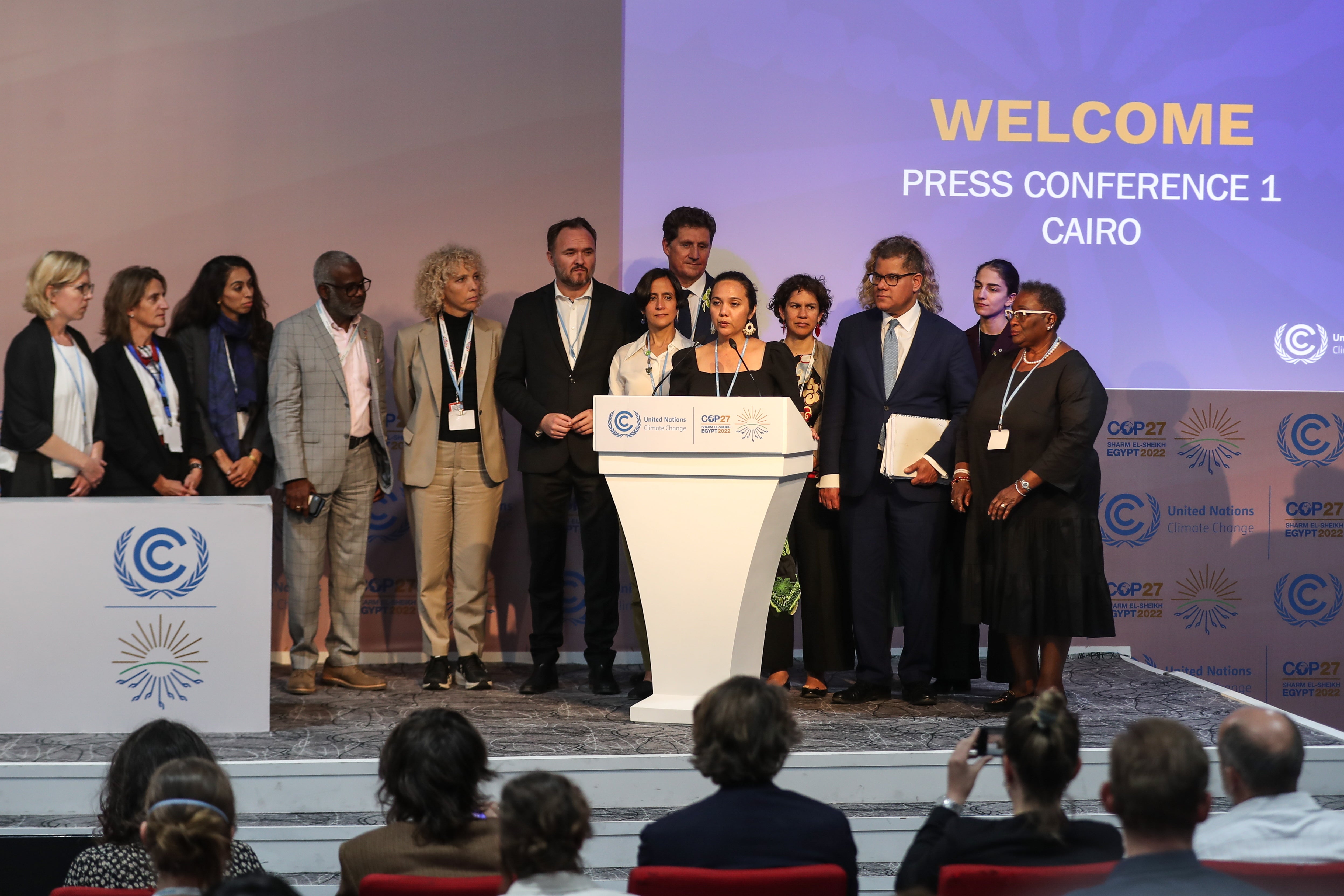 Marshall Islands’ Climate envoy Tina Stege, centre, speaks during a news conference at Cop27 in Sharm el-Sheikh on Saturday