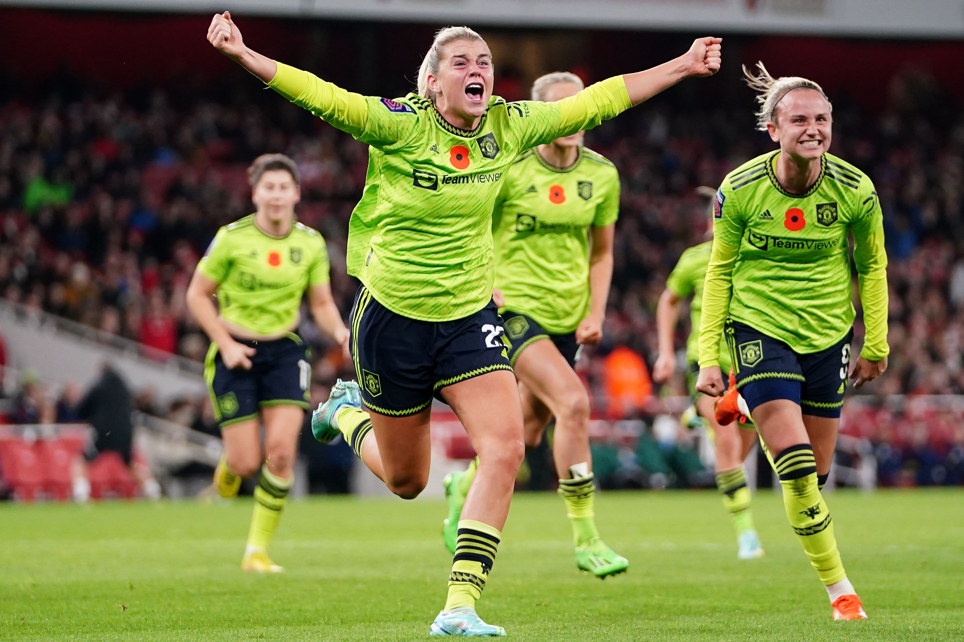 Alessia Russo celebrates scoring the winner for Manchester United (Zac Goodwin/PA)