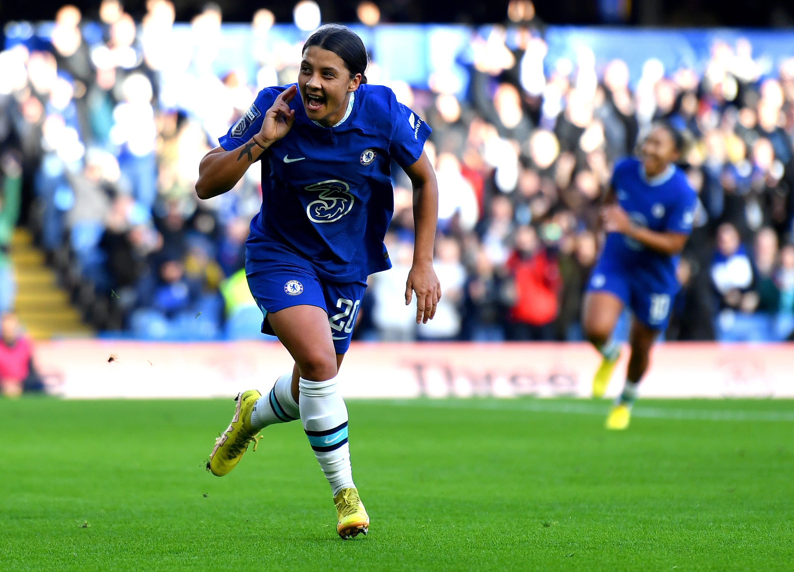 Sam Kerr celebrates scoring Chelsea’s opening goal