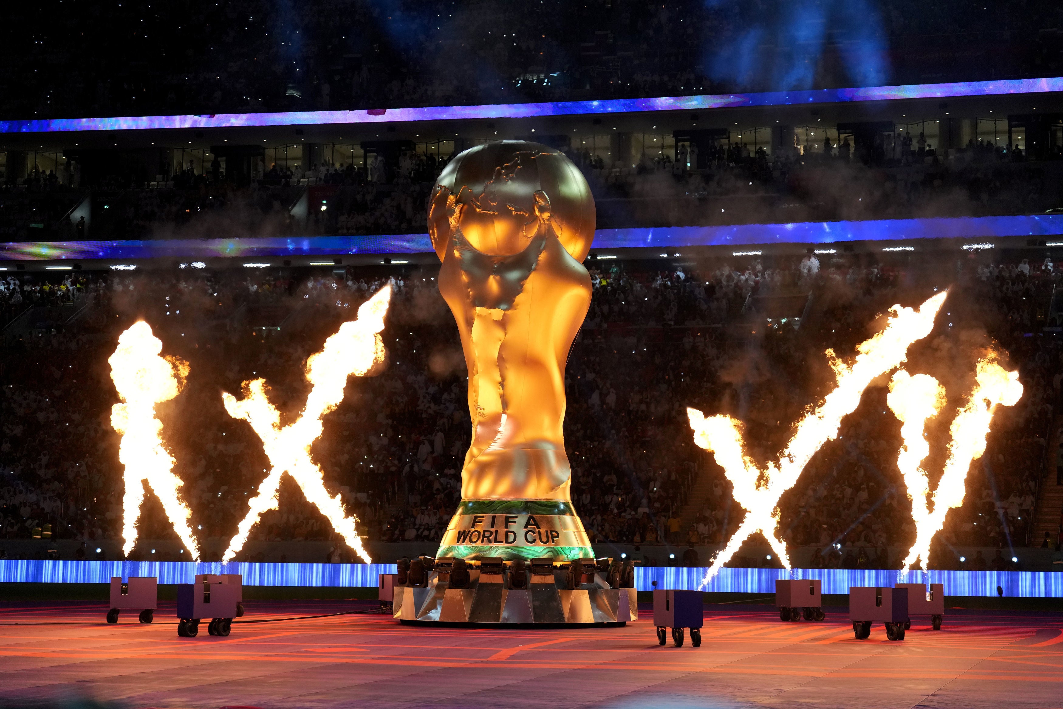 A giant World Cup Trophy during the opening ceremony of the FIFA World Cup 2022 at the Al Bayt Stadium