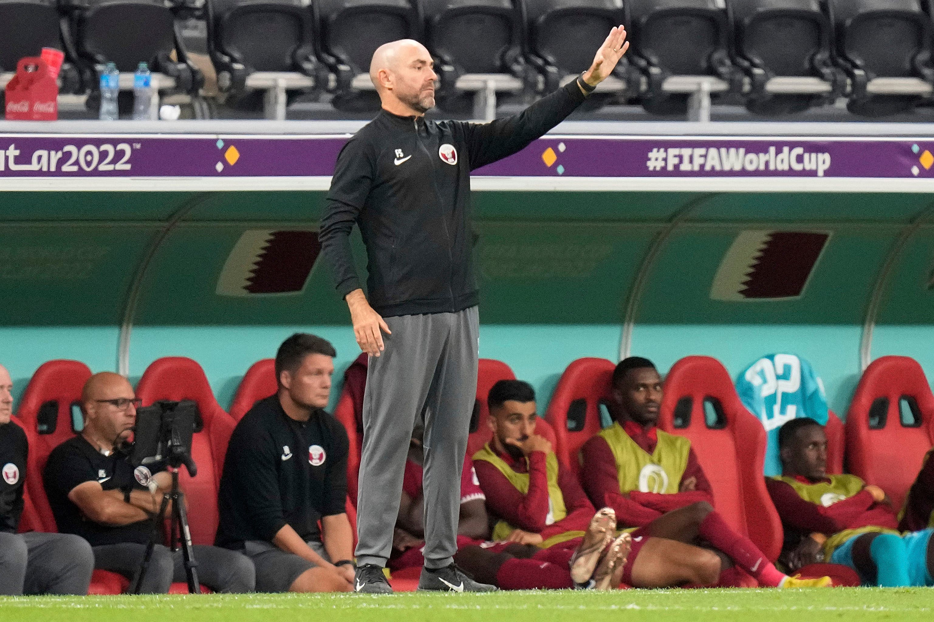 Qatar’s head coach Felix Sanchez gestures during the World Cup group A soccer match between Qatar and Ecuador at the Al Bayt Stadium in Al Khor ,Qatar, Sunday, Nov. 20, 2022. (AP Photo/Darko Bandic)