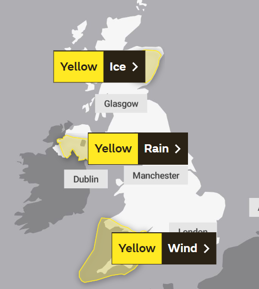 Met Office issues three yellow weather warnings across the UK