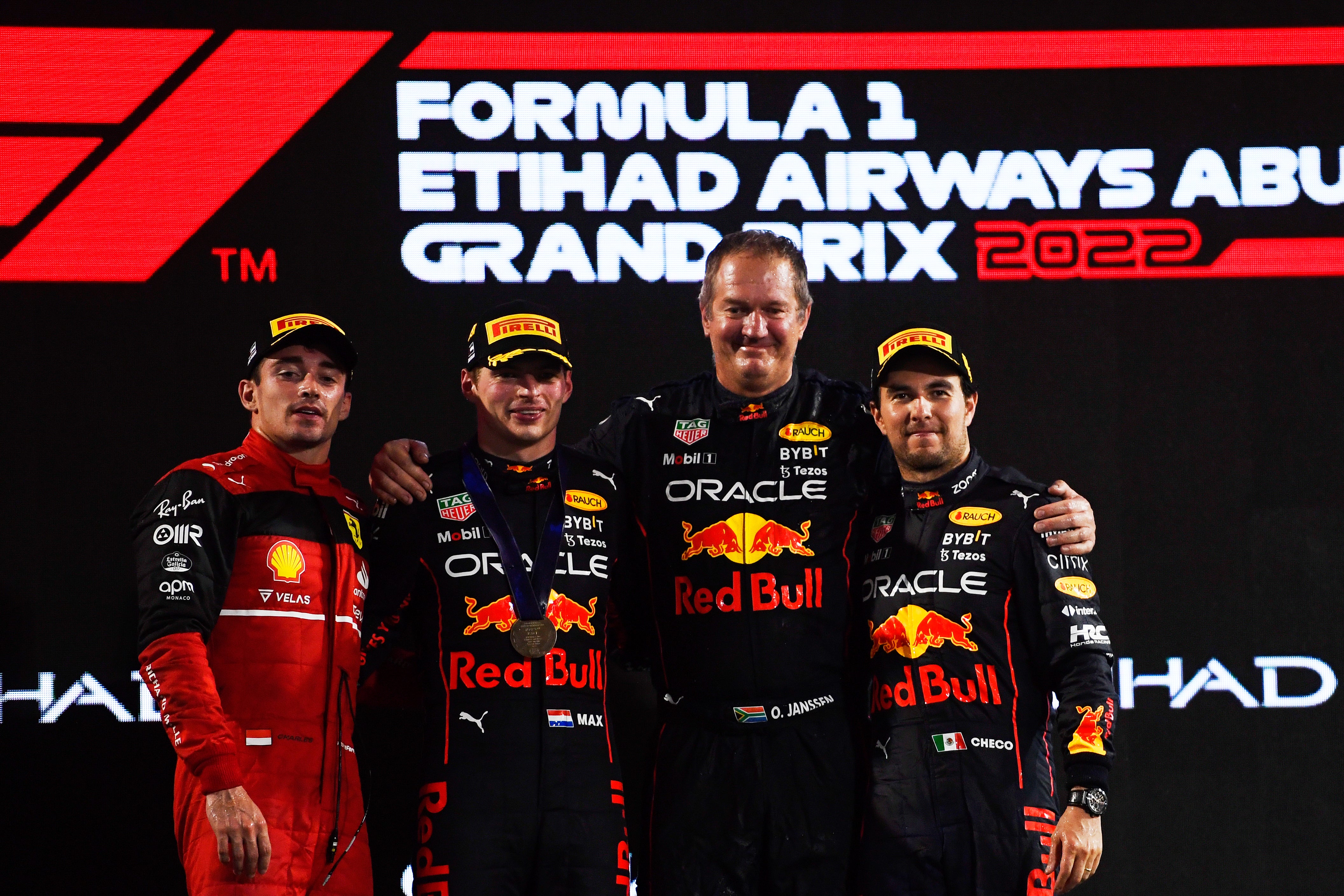 Race winner Max Verstappen, second placed Charles Leclerc, Olaf Janssen and Third placed Sergio Pere