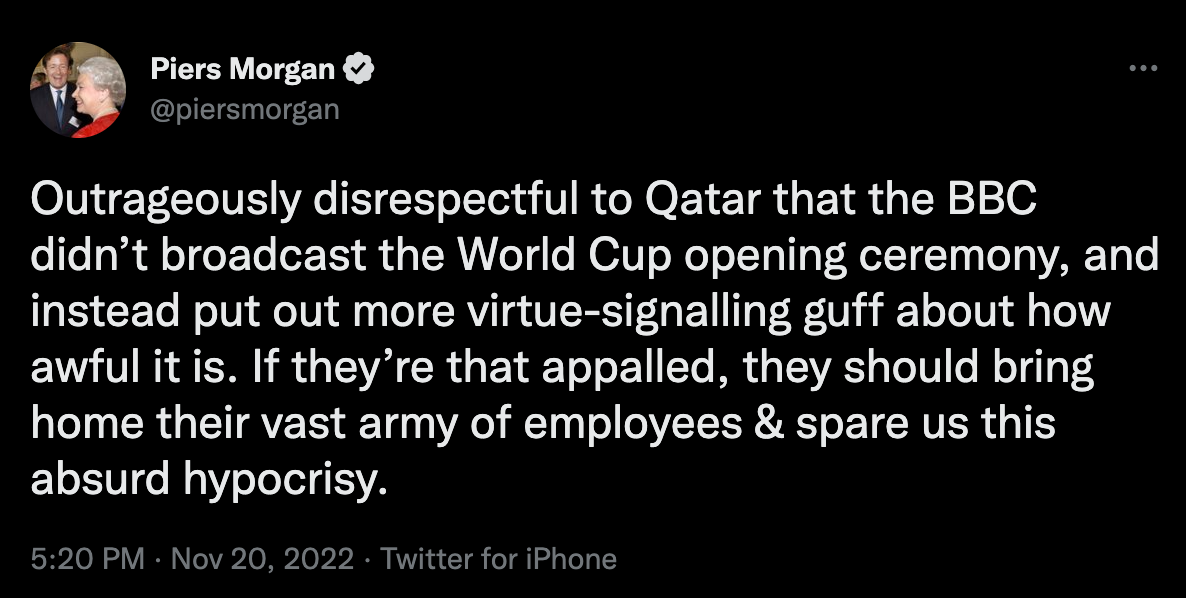 Piers Morgan wasn’t happy with the BBC’s coverage of the Qatar World Cup opening ceremony