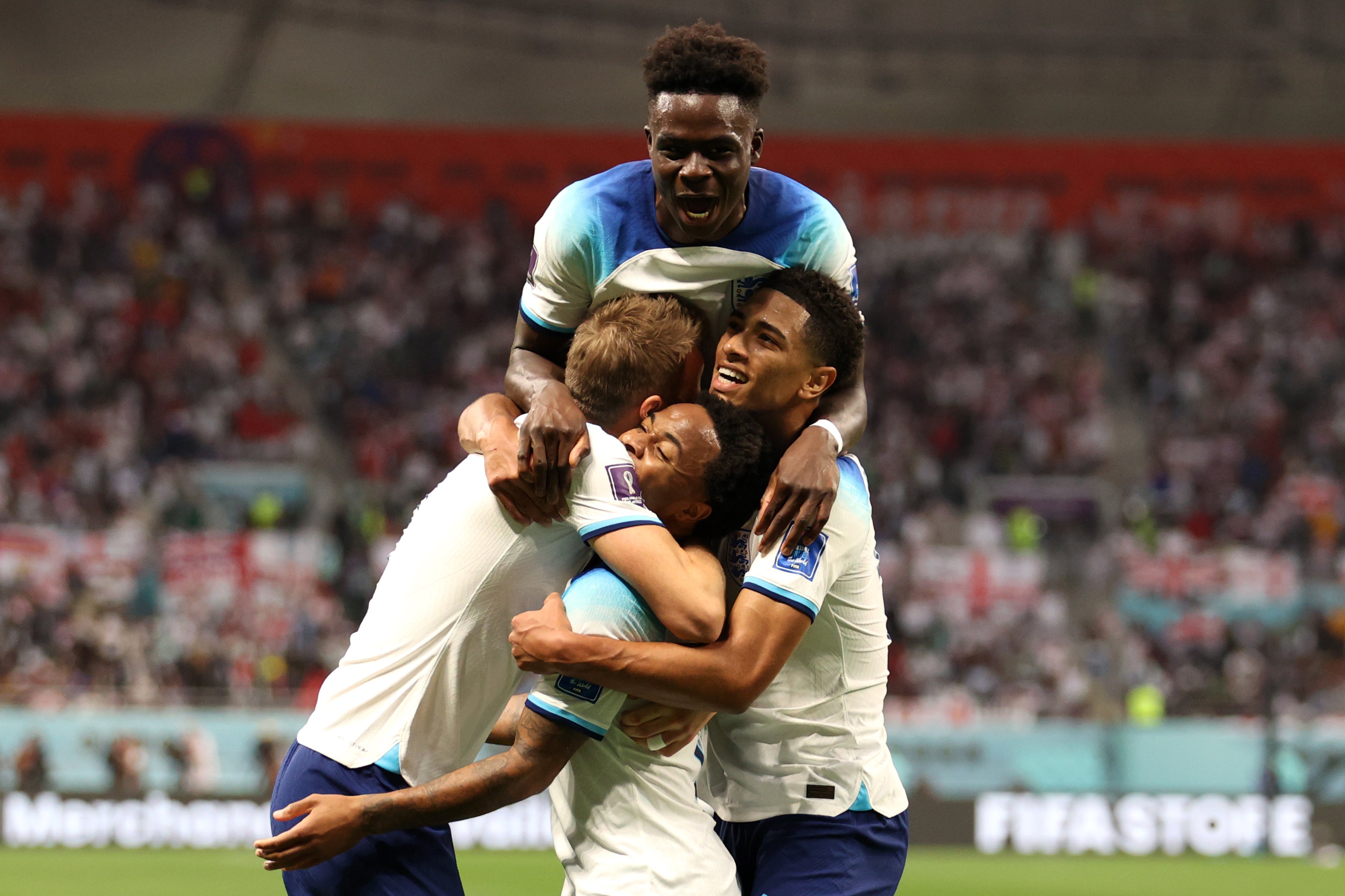 Kane, Saka and Bellingham celebrate with Sterling