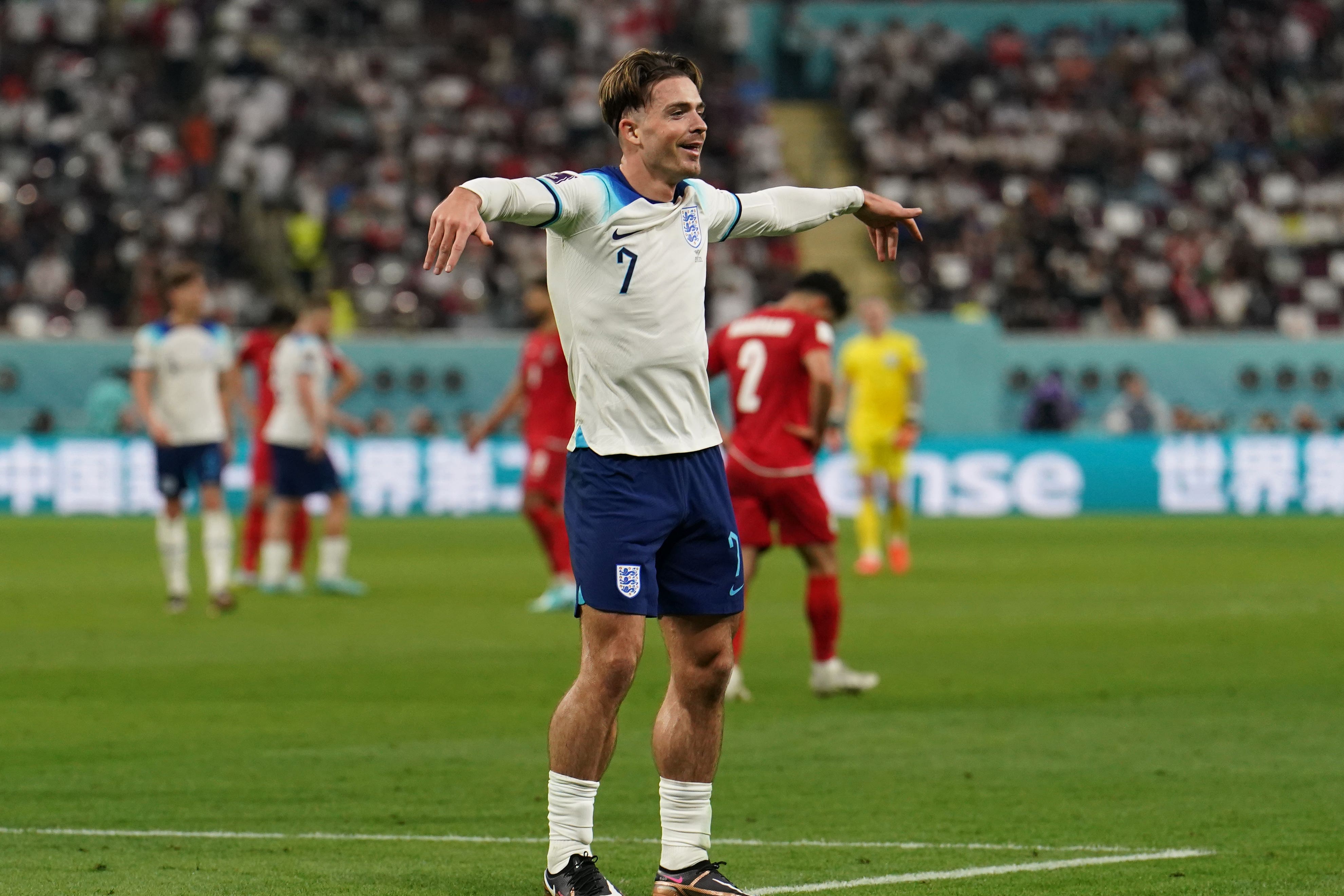 England’s Jack Grealish celebrates scoring the side’s sixth goal against Iran in the World Cup group game