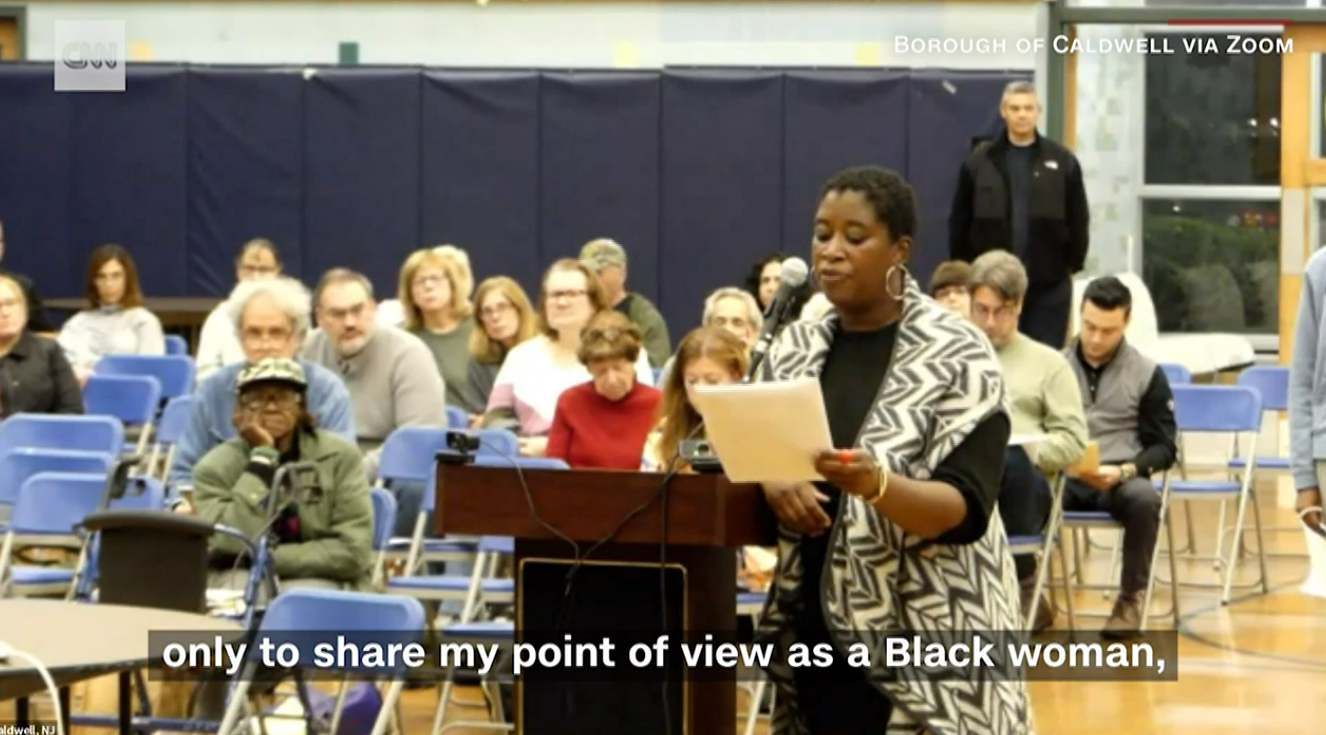 Monique Joseph speaks out at the Borough of Caldwell town council meeting about the 22 October incident that left her daughter scared to go outside the next day