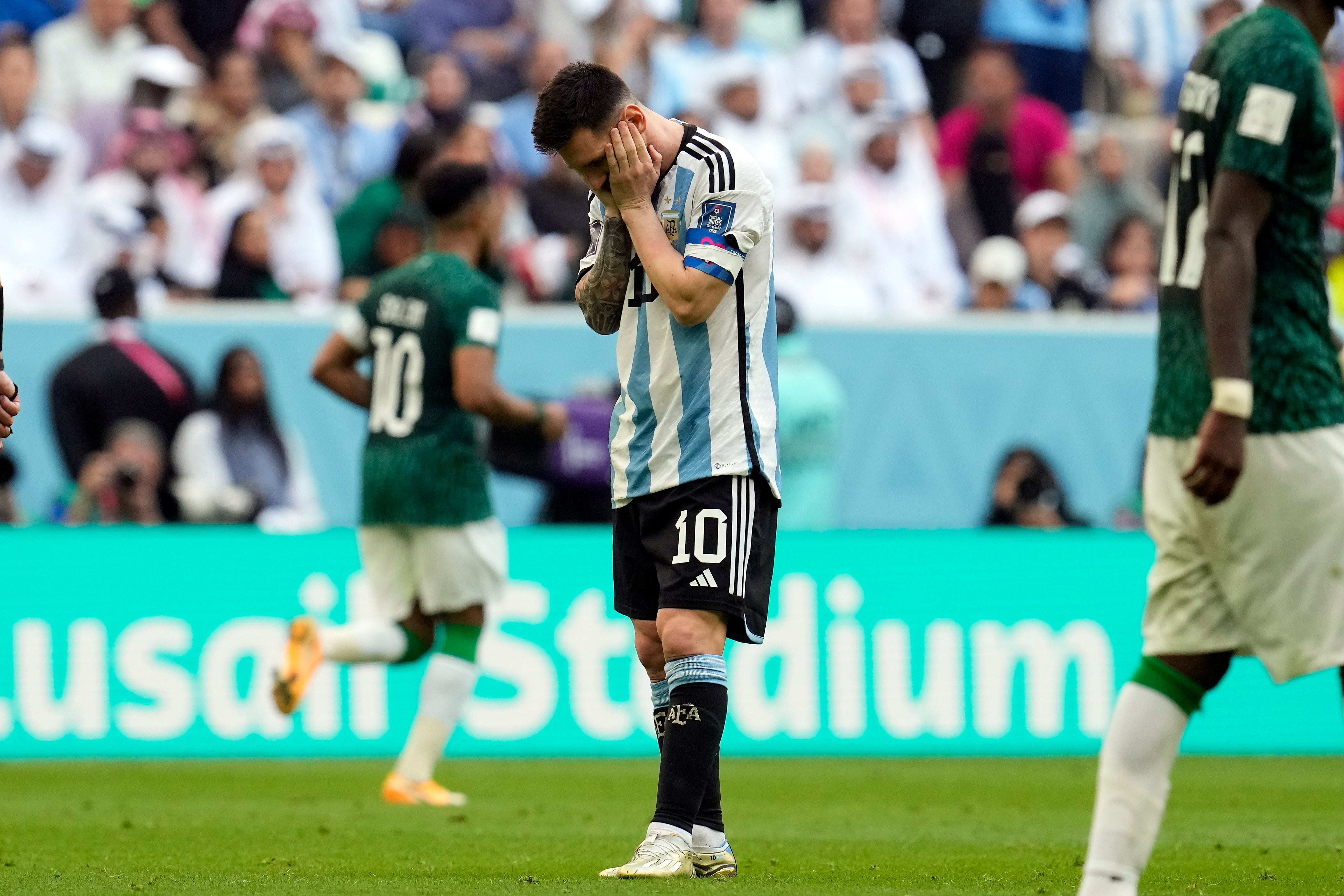 Lionel Messi reacts to Argentina’s struggles against Saudi Arabia