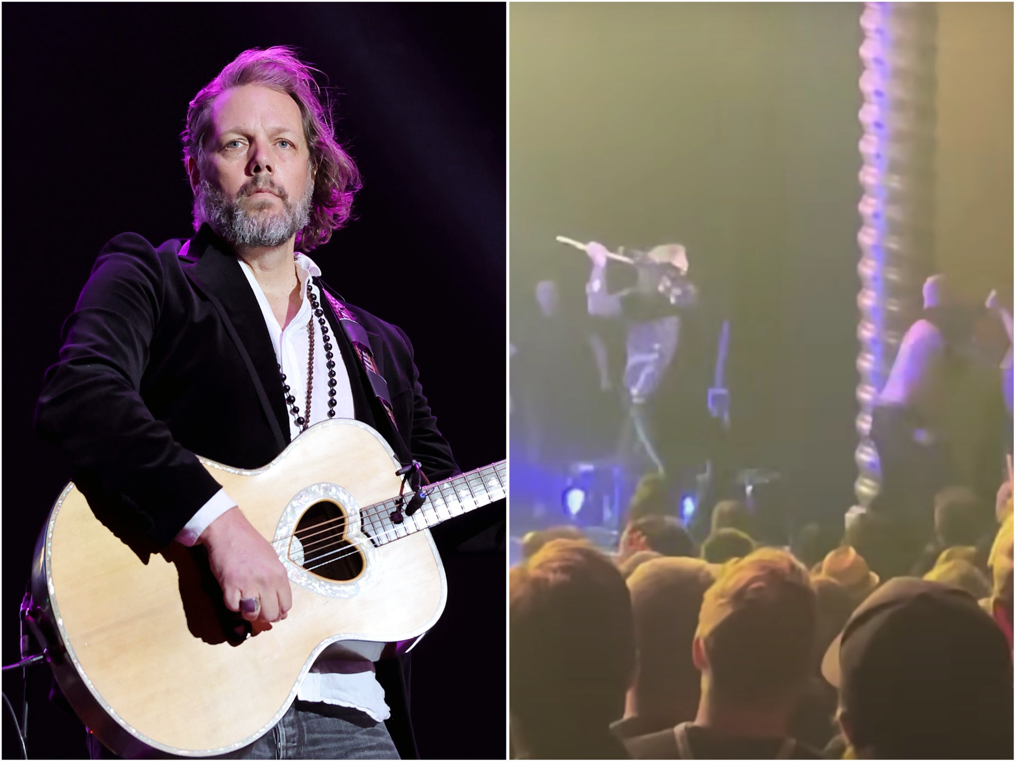 Robinson on stage earlier this year (left) and pushing the stage invader off with his guitar