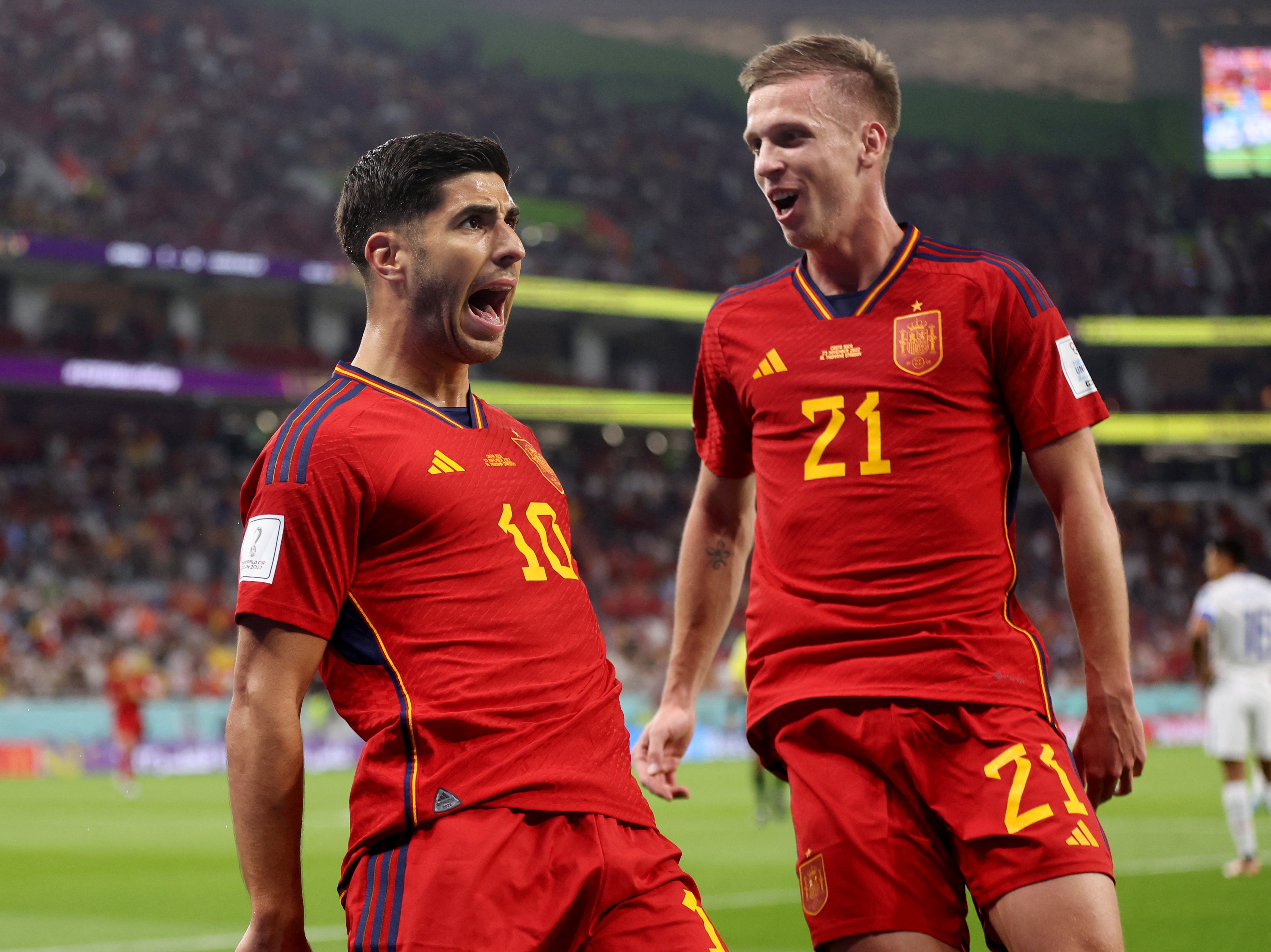 Spain’s Marco Asensio after Spain’s second goal