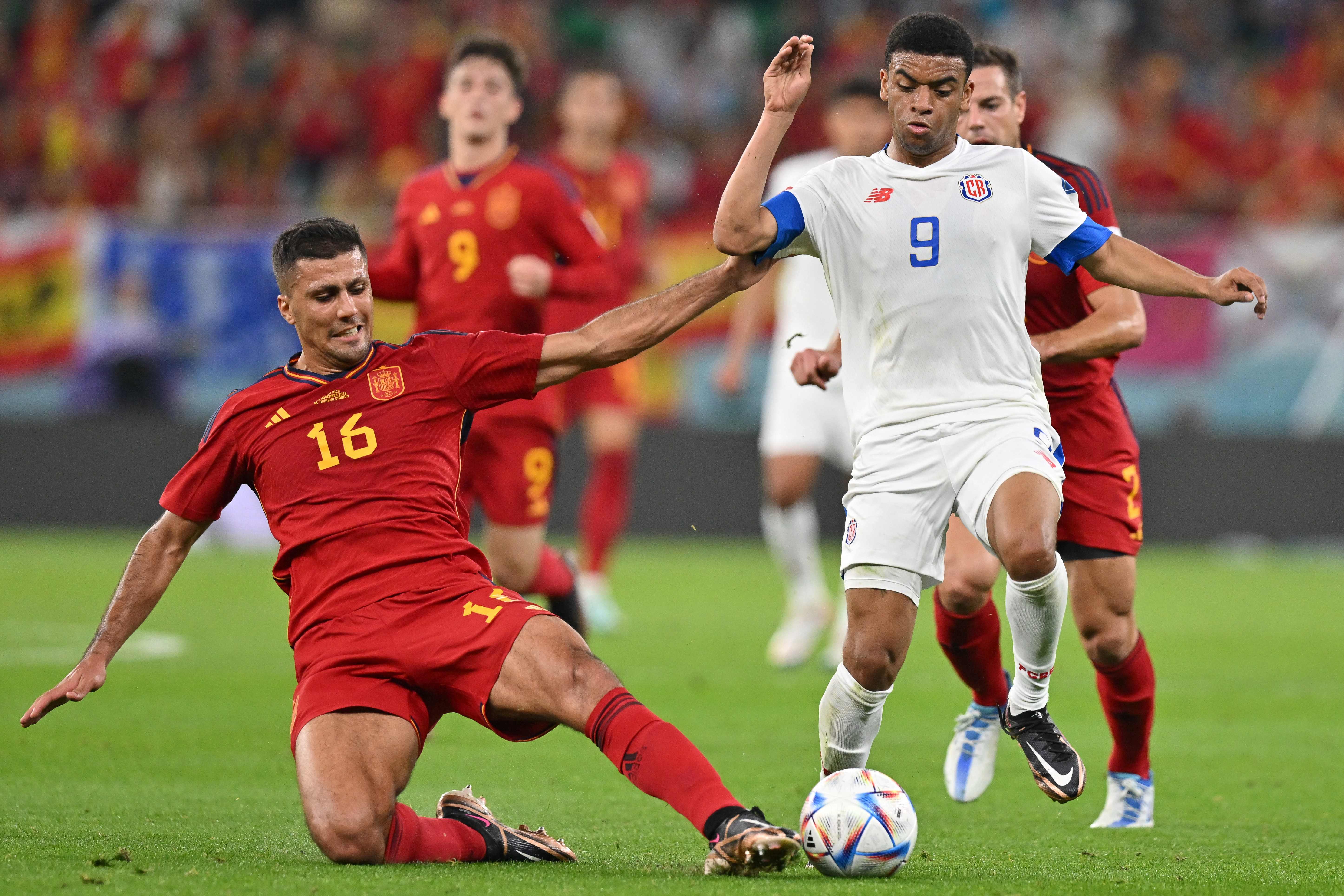 Manchester City midfielder Rodri (left) was stationed at centre back for Spain