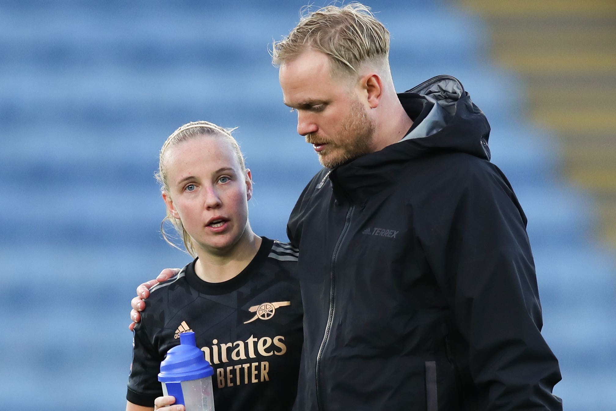 Jonas Eidevall (right) with Arsenal’s Beth Mead (Isaac Parkin/PA)