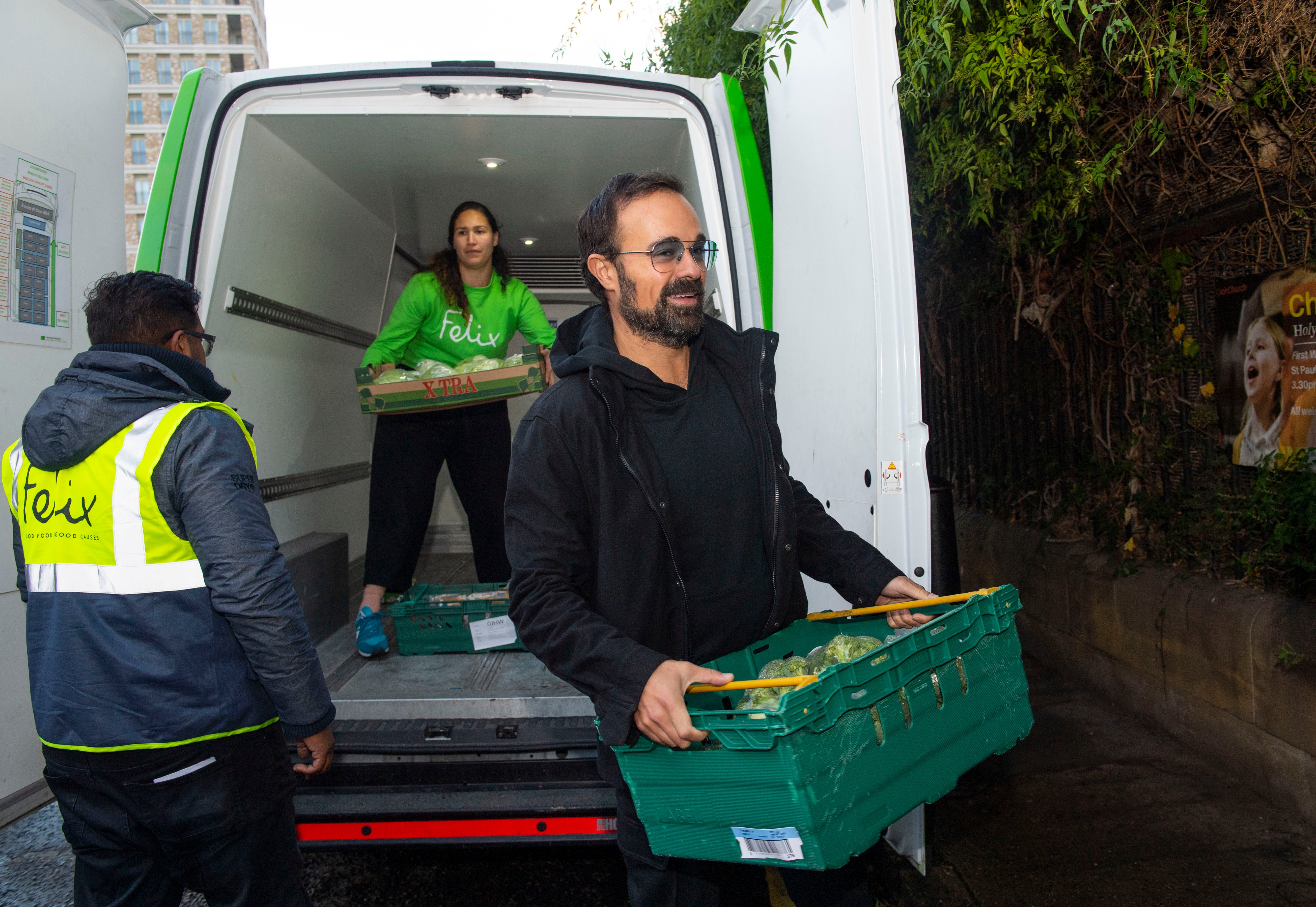 Lord Lebedev distributes food at St Paul’s primary school in Whitechapel, east London