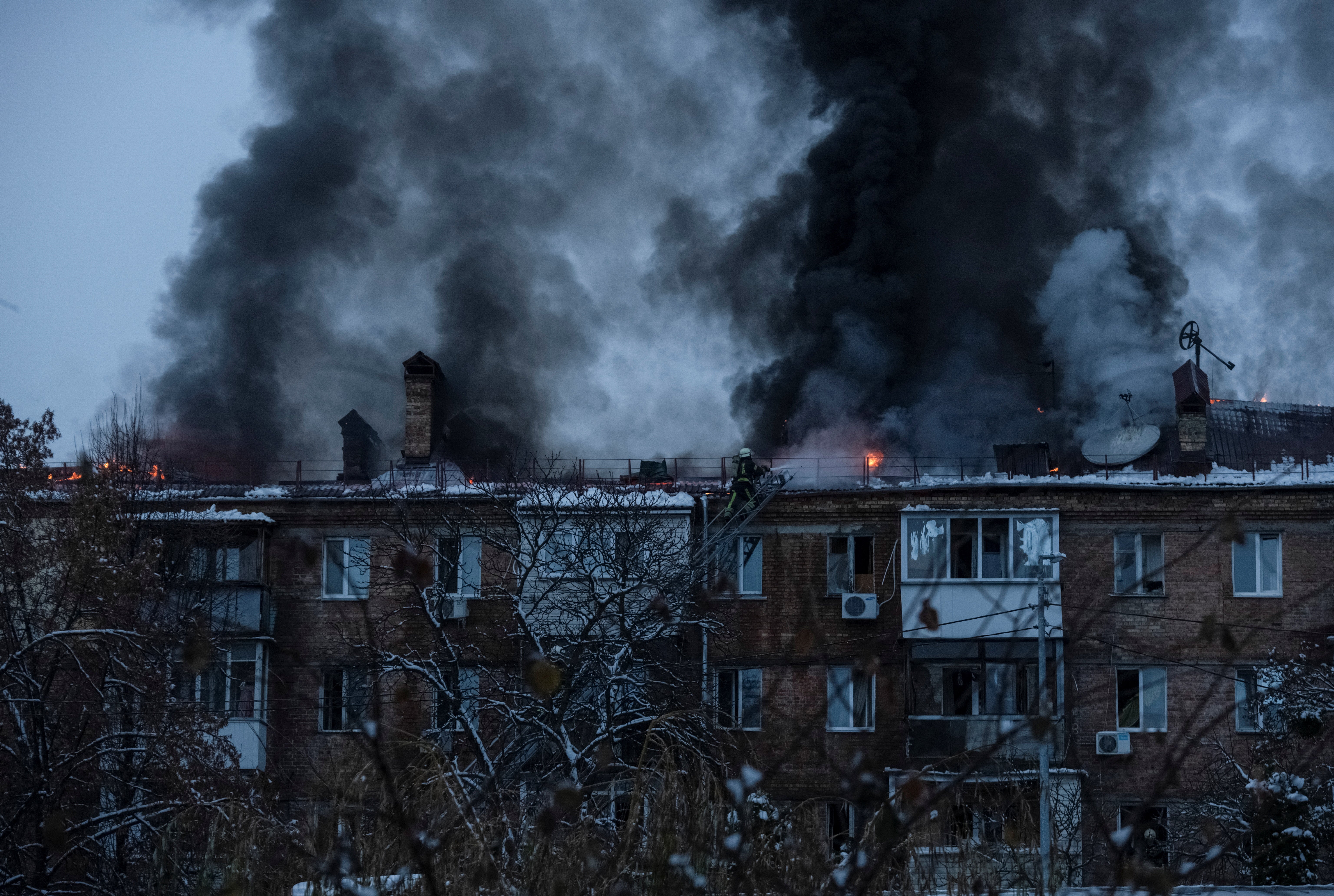 Fire rages at the site of a strike in Vyshgorod