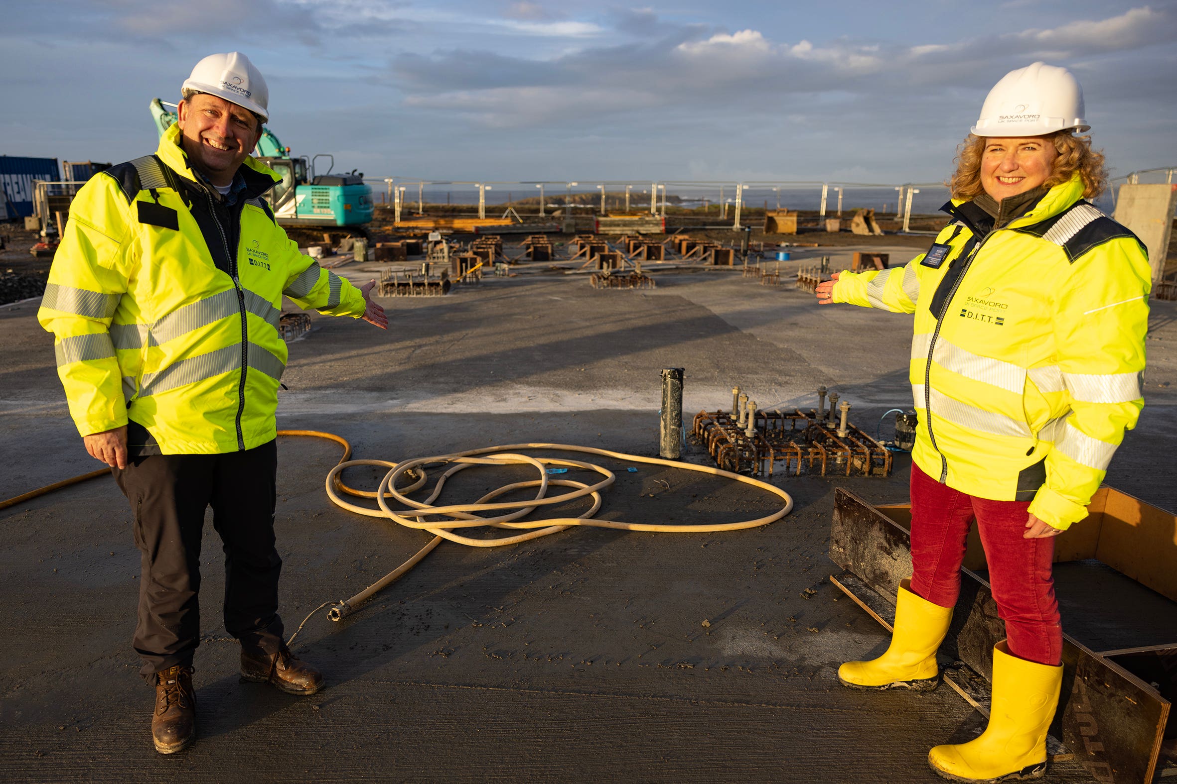 Scott Hammond and Debbie Strang at the launch stool base (Shetland Space Centre/PA)