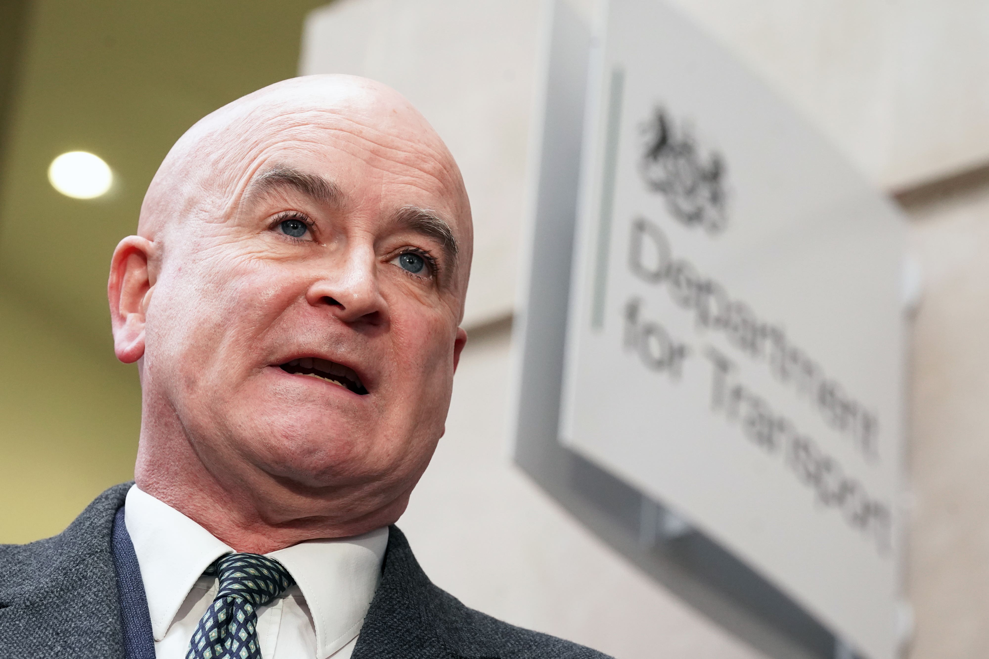 Mick Lynch, general secretary of the Rail, Maritime and Transport union (RMT), speaks to the media outside the Department for Transport (Kirsty O’Connor/PA)