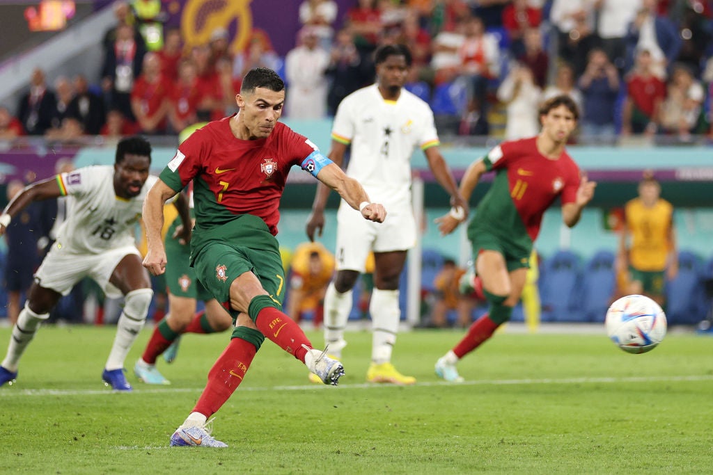 Ronaldo scores from the spot to become the first player to score in five World Cups