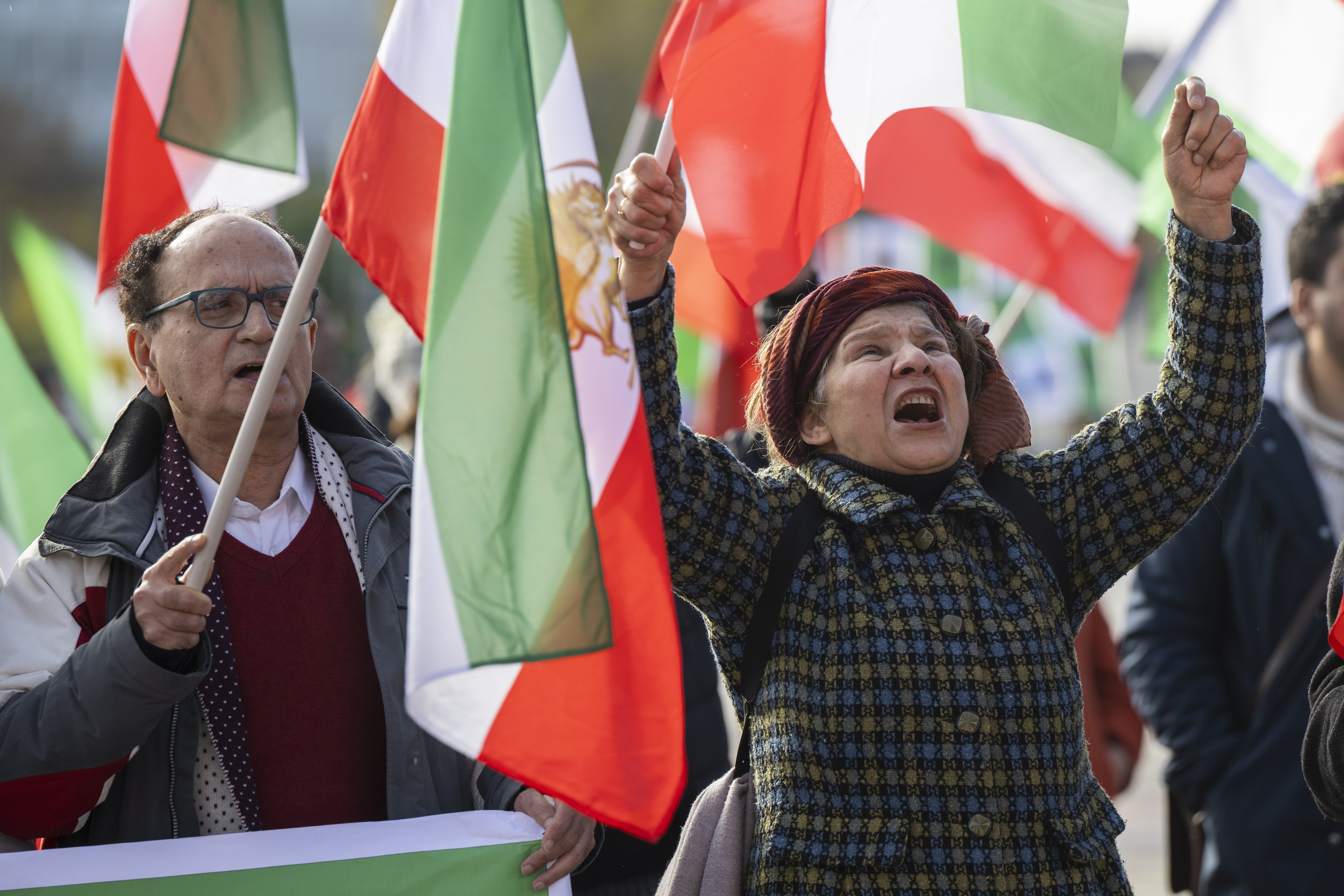 Iranians stage a protest in front of the European headquarters of the UN in Geneva during a Human Rights Council’s special session