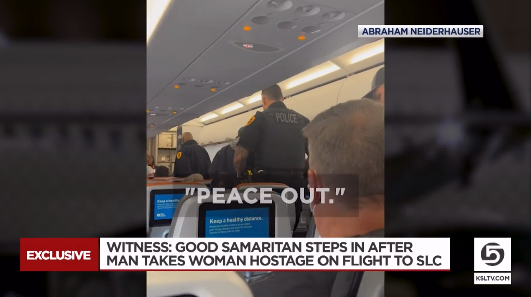 A passenger travelling on a flight from New York to Salt Lake City held a woman hostage with a razor blade before a Good Samaritan managed to talk him down