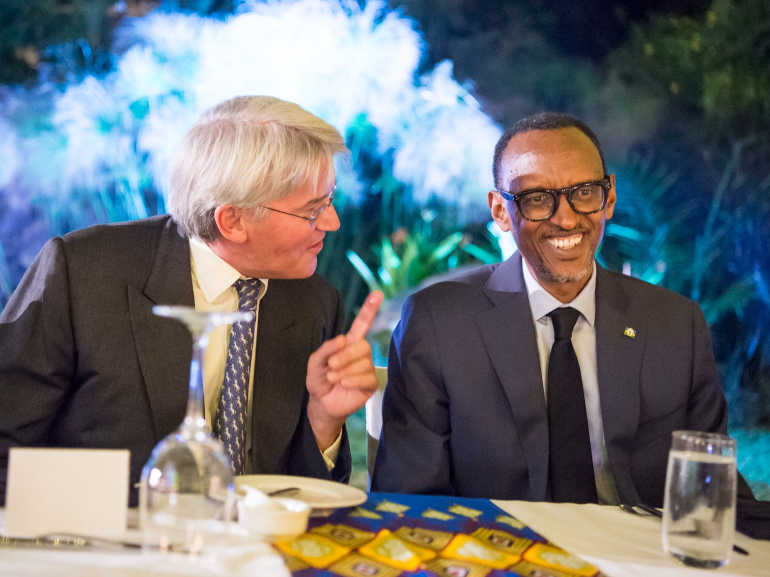 Rwandan president Paul Kagame with Conservative MP Andrew Mitchell during a Project Umubano 10th anniversary celebration in Kigali in 2017