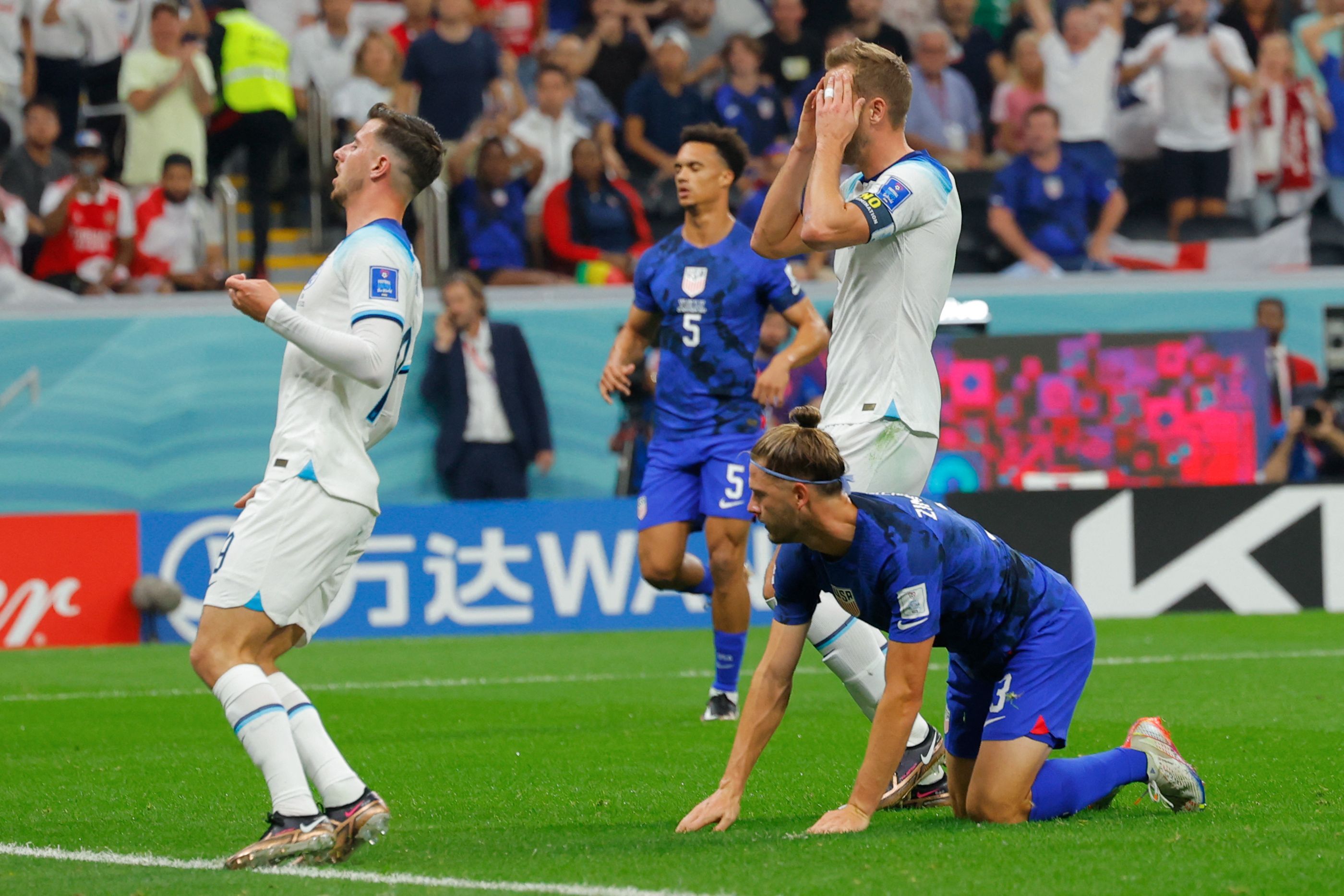 Harry Kane reacts to a missed chance after Walker Zimmerman’s block